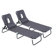 Outsunny Juego de 2 Tumbonas Plegables Tumbonas de Jardín con Respaldo Ajustable en 4 Posiciones Orificio de Lectura y Almohada para Camping Playa Terraza 190x56x28 cm Gris