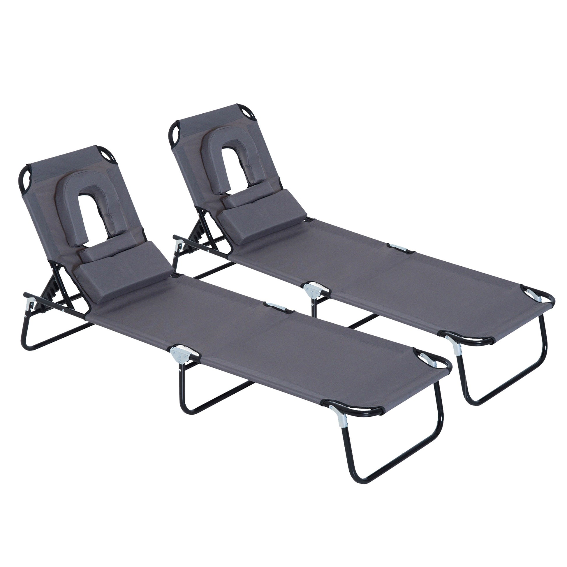 Outsunny Juego de 2 Tumbonas Plegables Tumbonas de Jardín con Respaldo Ajustable en 4 Posiciones Orificio de Lectura y Almohada para Camping Playa Terraza 190x56x28 cm Gris