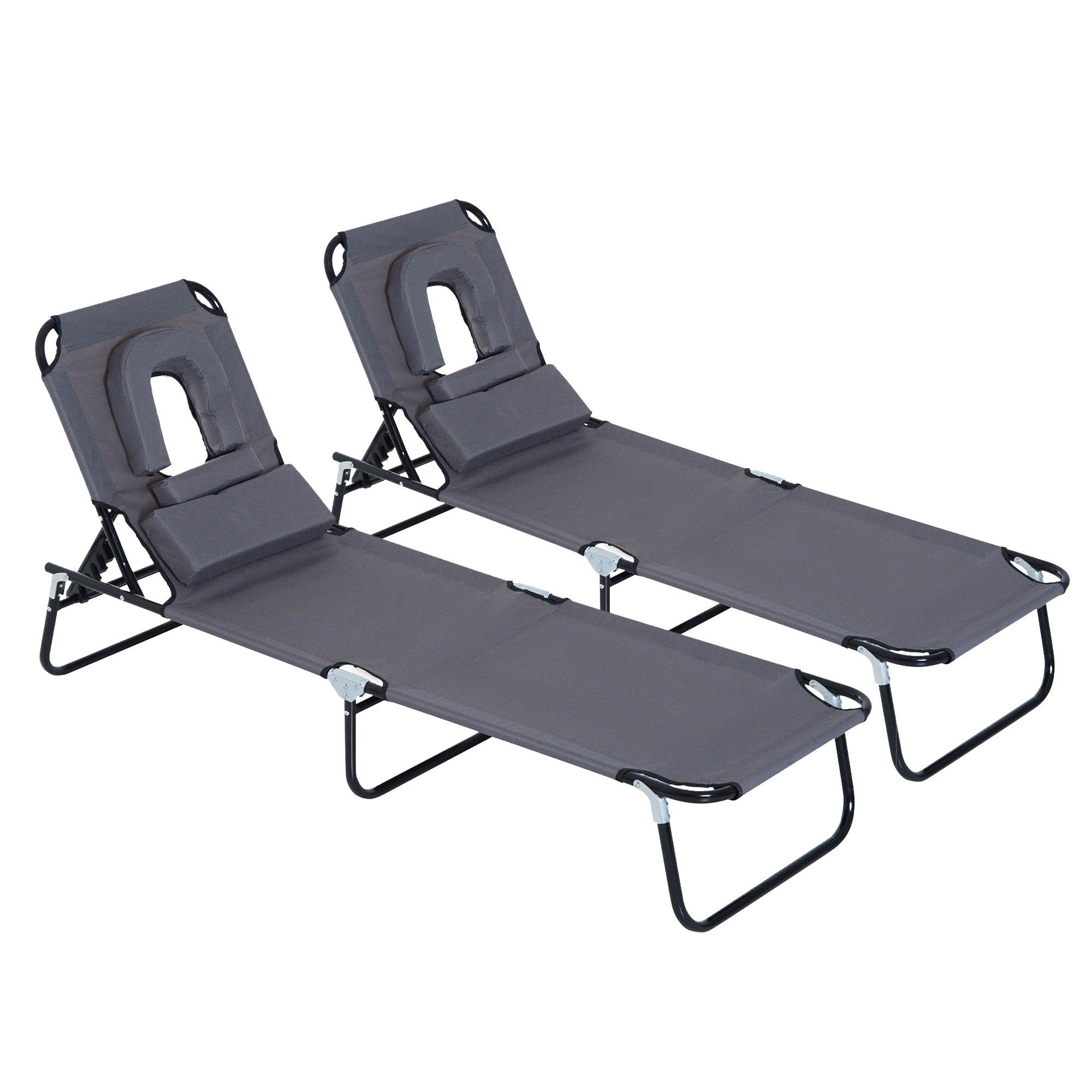 Outsunny Juego de 2 Tumbonas Plegables Tumbonas de Jardín con Respaldo Ajustable en 4 Posiciones Orificio de Lectura y Almohada para Camping Playa Terraza 190x56x28 cm Gris