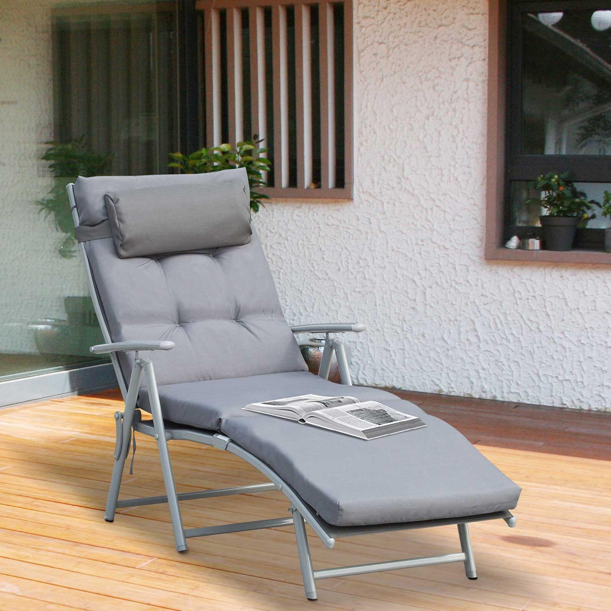 Outsunny Tumbona Plegable Tumbona de Jardín con Respaldo Ajustable en 7 Posiciones con Cojín Cuerpo Entero y Cabeza para Terraza Piscina Carga Máx. 165 kg 137x63,5x100,5 cm Gris