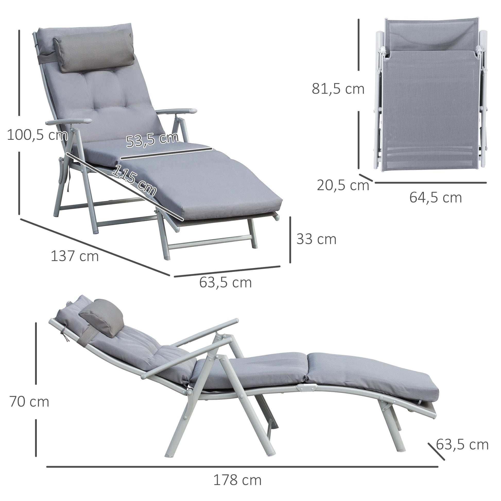 Outsunny Tumbona Plegable Tumbona de Jardín con Respaldo Ajustable en 7 Posiciones con Cojín Cuerpo Entero y Cabeza para Terraza Piscina Carga Máx. 165 kg 137x63,5x100,5 cm Gris