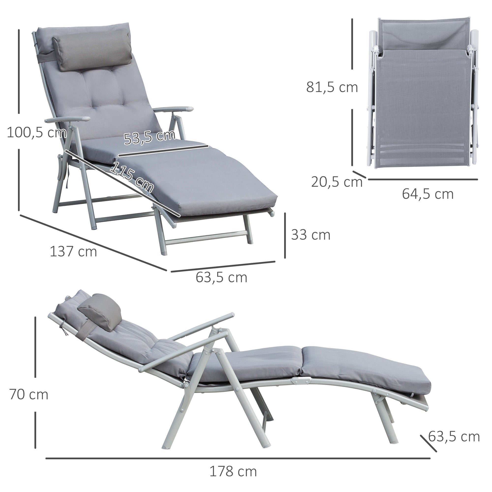 Outsunny Tumbona Plegable Tumbona de Jardín con Respaldo Ajustable en 7 Posiciones con Cojín Cuerpo Entero y Cabeza para Terraza Piscina Carga Máx. 165 kg 137x63,5x100,5 cm Gris