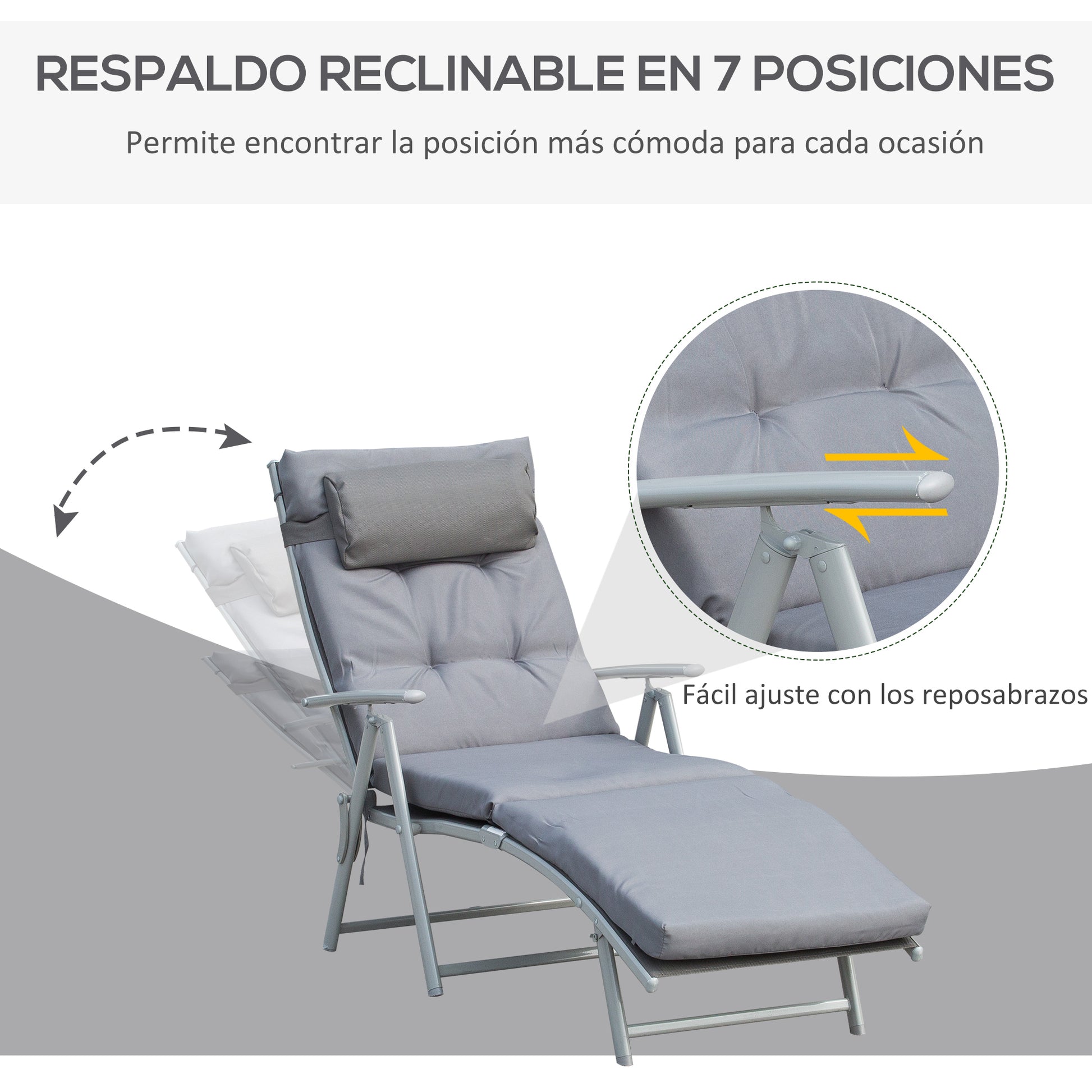 Outsunny Tumbona Plegable Tumbona de Jardín con Respaldo Ajustable en 7 Posiciones con Cojín Cuerpo Entero y Cabeza para Terraza Piscina Carga Máx. 165 kg 137x63,5x100,5 cm Gris