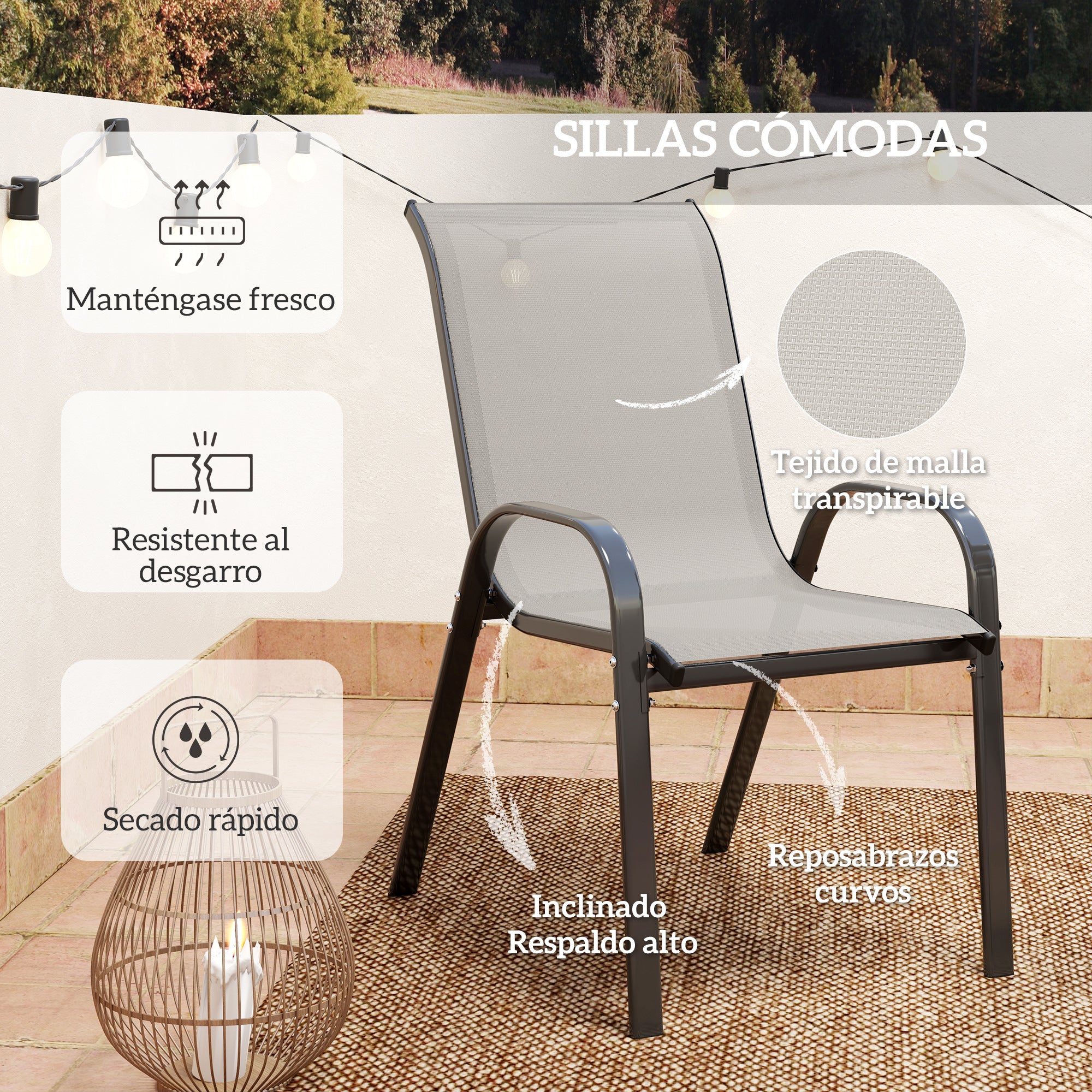 Outsunny Conjunto de Mesa y Sillas de Terraza Exterior de 3 Piezas, Muebles de Jardín Exterior con Sillas Apilables, Encimera de Vidrio y Estructura de Acero, para Patio, Gris Claro
