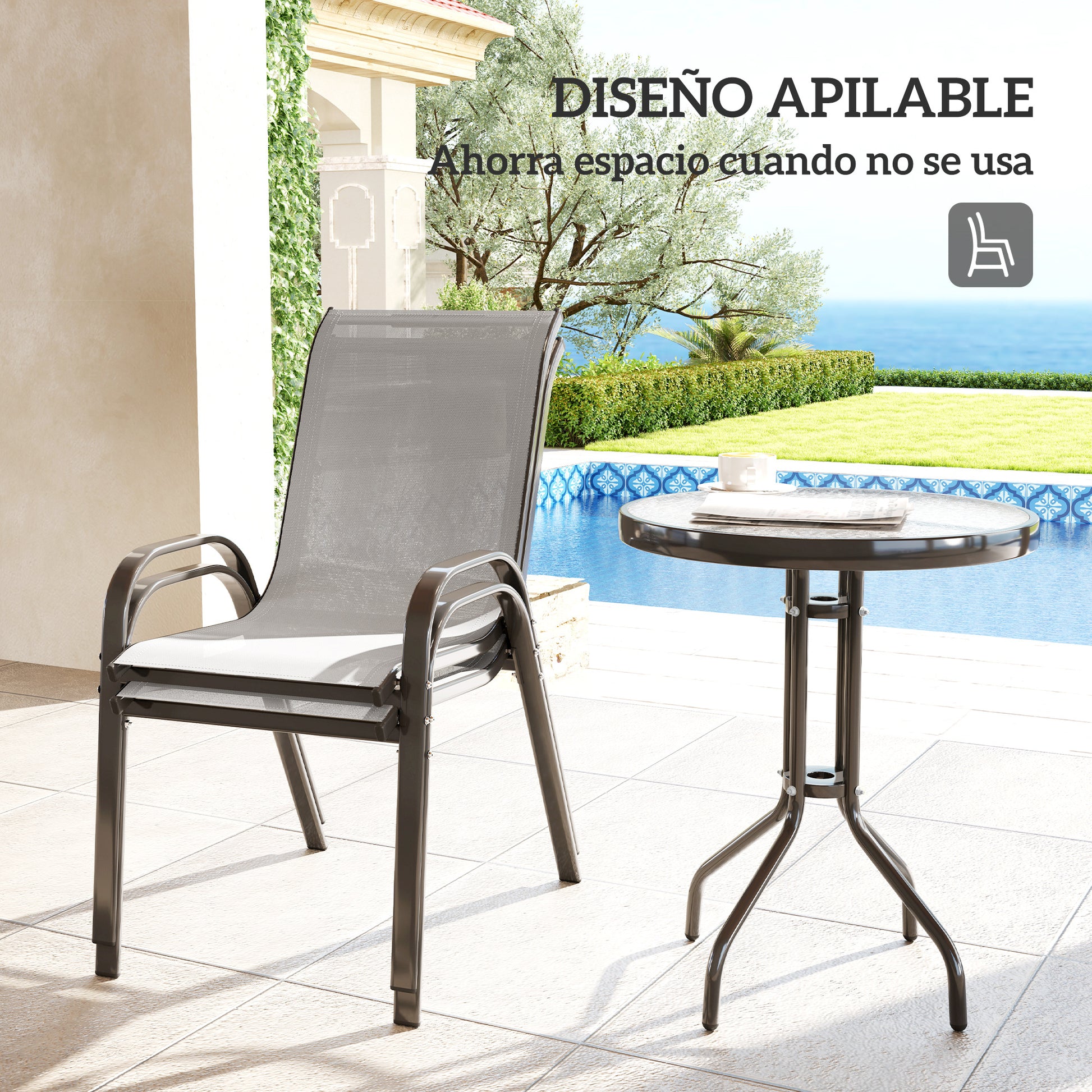 Outsunny Conjunto de Mesa y Sillas de Terraza Exterior de 3 Piezas, Muebles de Jardín Exterior con Sillas Apilables, Encimera de Vidrio y Estructura de Acero, para Patio, Gris Claro