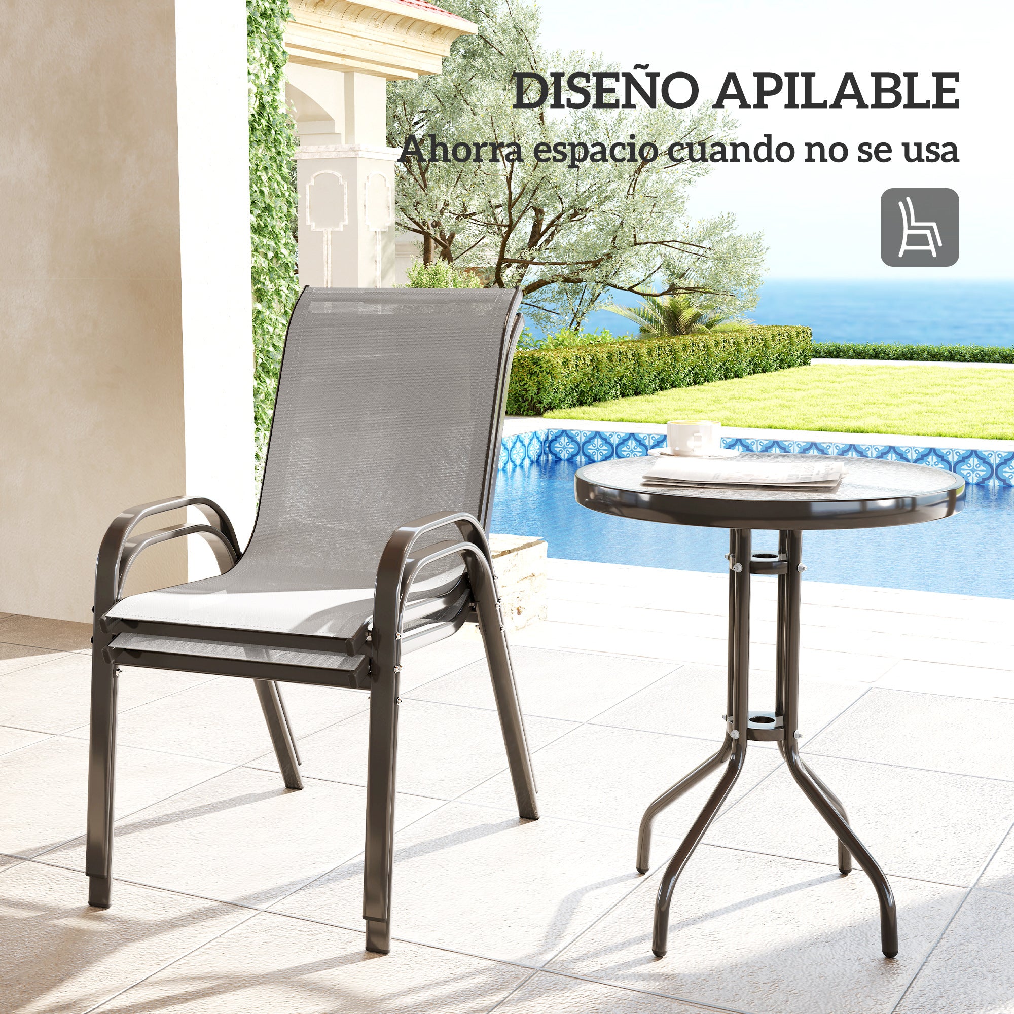 Outsunny Conjunto de Mesa y Sillas de Terraza Exterior de 3 Piezas, Muebles de Jardín Exterior con Sillas Apilables, Encimera de Vidrio y Estructura de Acero, para Patio, Gris Claro