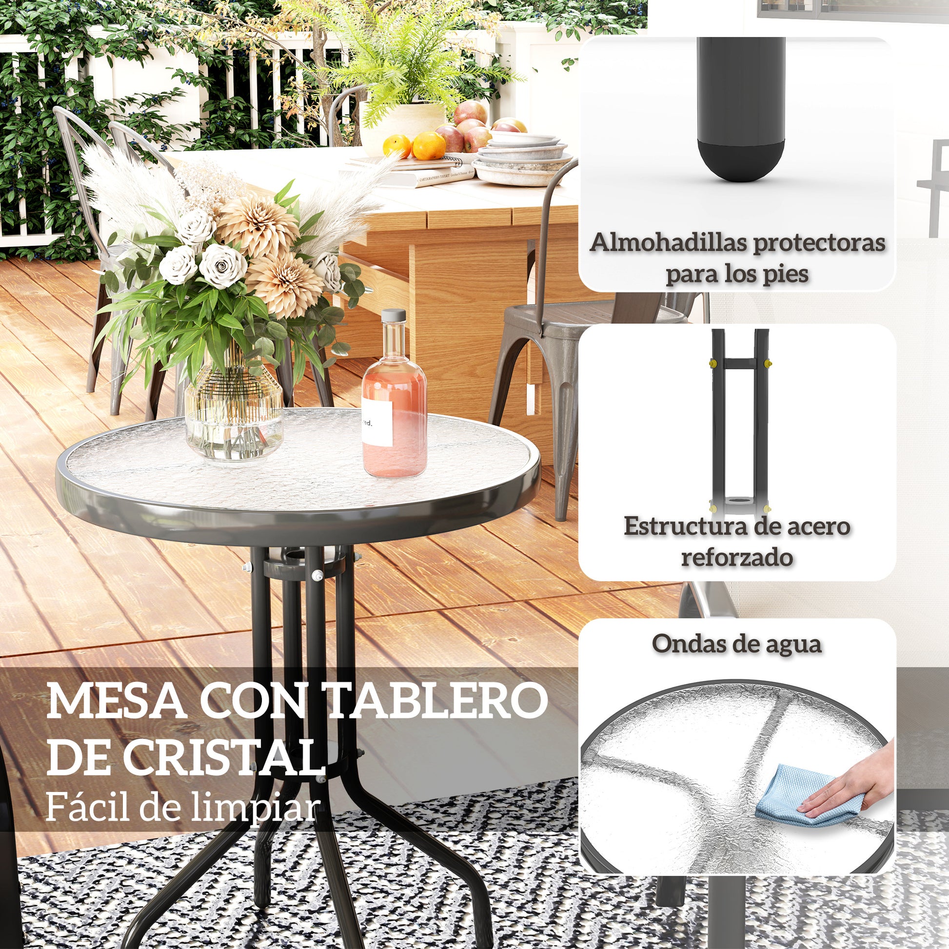 Outsunny Conjunto de Mesa y Sillas de Terraza Exterior de 3 Piezas, Muebles de Jardín Exterior con Sillas Apilables, Encimera de Vidrio y Estructura de Acero, para Patio, Gris Claro