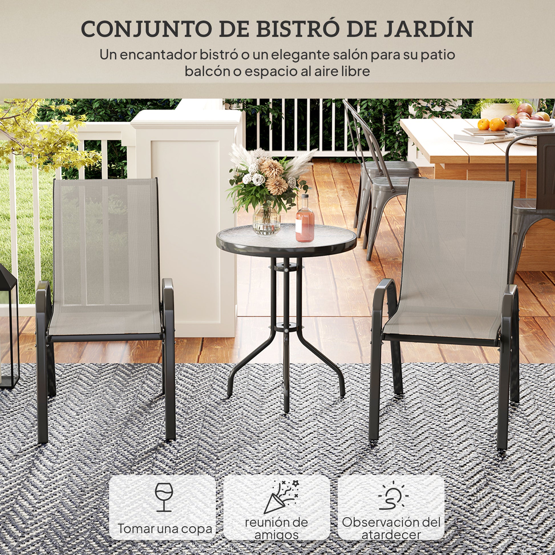 Outsunny Conjunto de Mesa y Sillas de Terraza Exterior de 3 Piezas, Muebles de Jardín Exterior con Sillas Apilables, Encimera de Vidrio y Estructura de Acero, para Patio, Gris Claro
