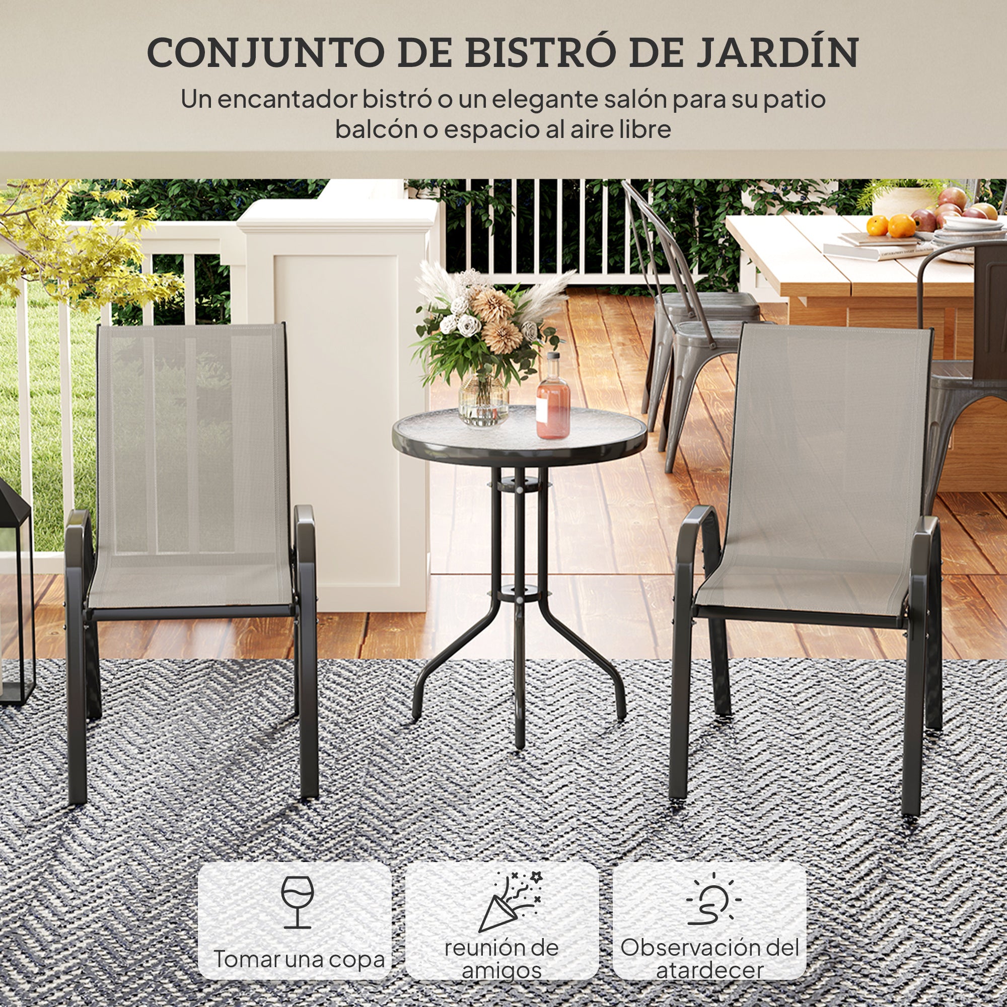 Outsunny Conjunto de Mesa y Sillas de Terraza Exterior de 3 Piezas, Muebles de Jardín Exterior con Sillas Apilables, Encimera de Vidrio y Estructura de Acero, para Patio, Gris Claro