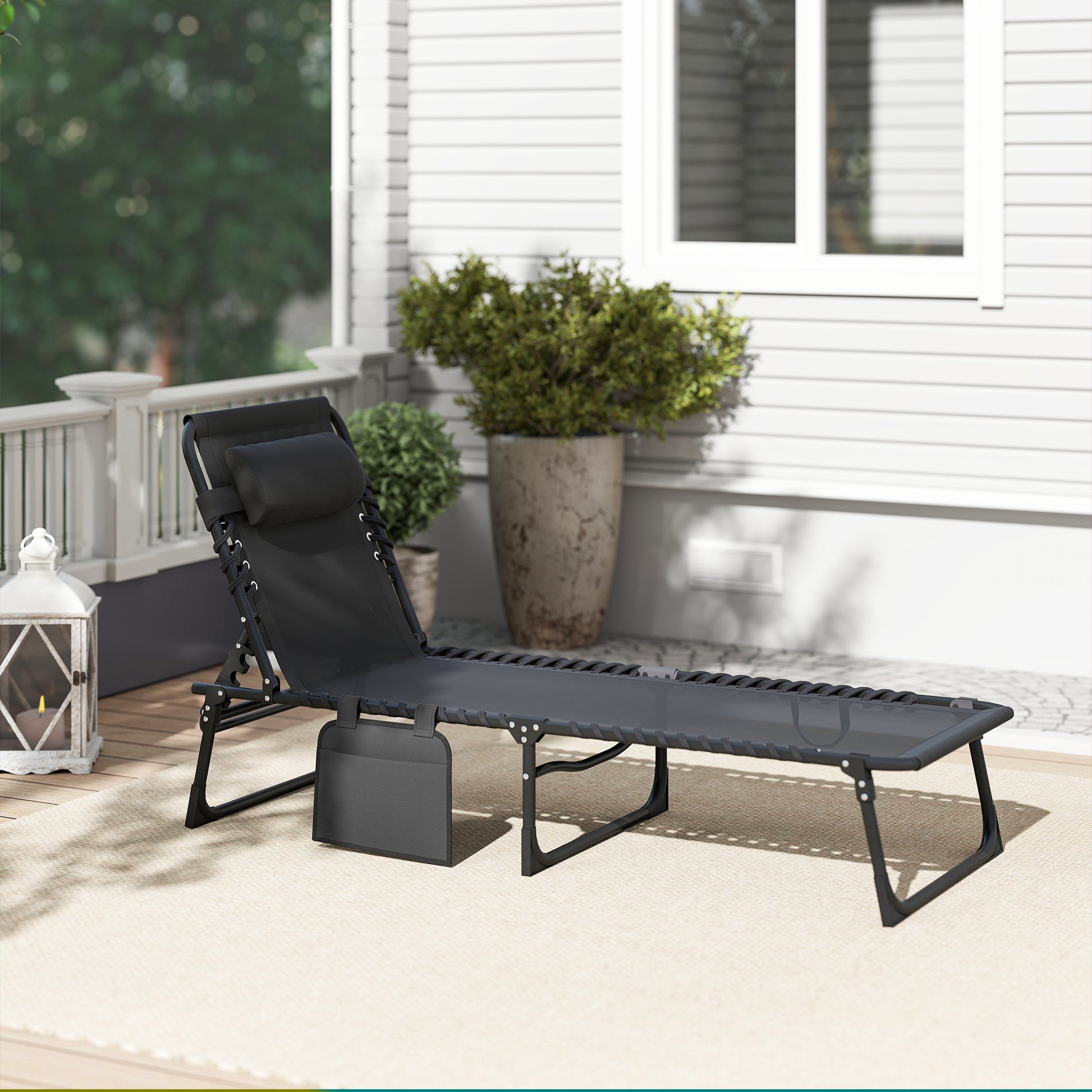 Outsunny Tumbona Plegable, Tumbona Jardín Exterior Reclinable 5 Posiciones, con Reposacabezas Acolchado, Bolsillo Lateral y Estructura de Acero, para Terraza, Piscina, 189x58x30 cm, Negro