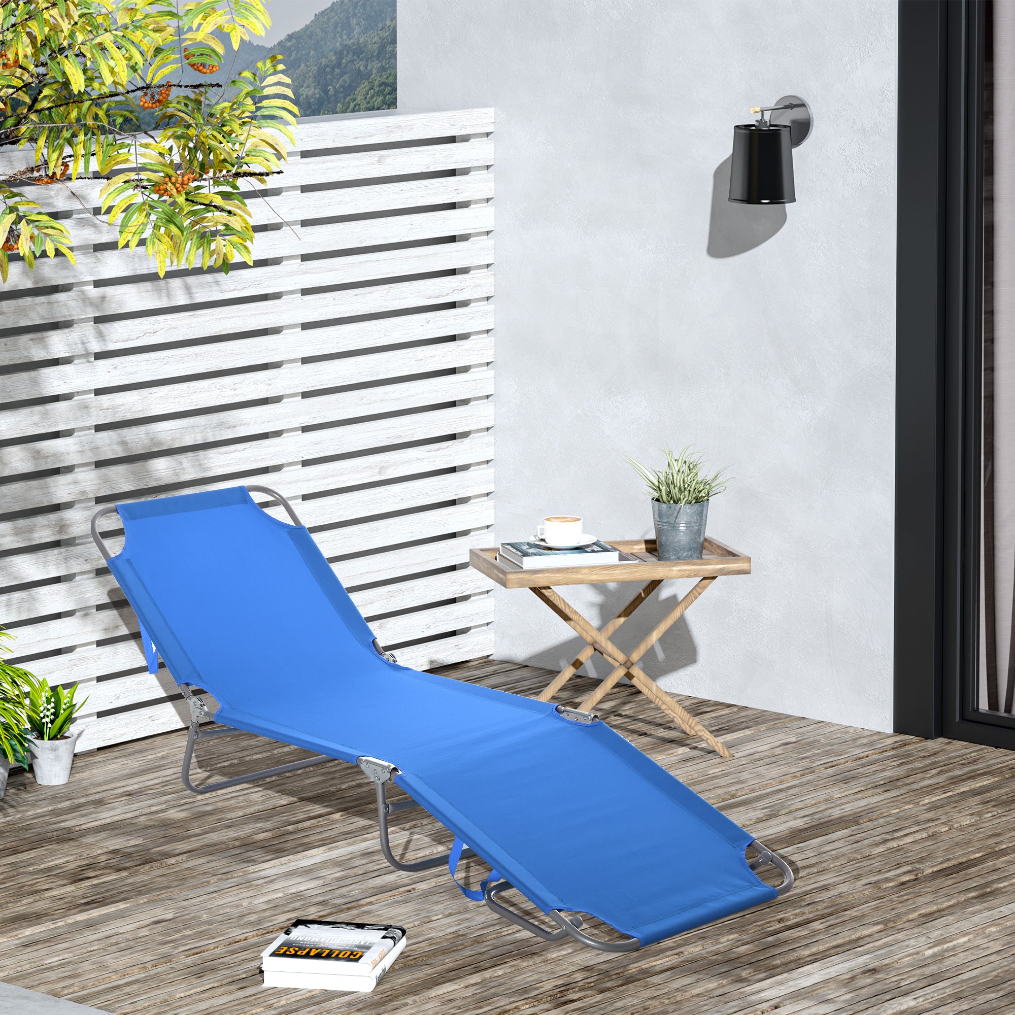 Outsunny Tumbona Plegable Tumbona Jardín Exterior con Respaldo Ajustable en 5 Posiciones y Estructura Metálica Carga 120 kg para Terraza Piscina Playa 187x55x24 cm Azul