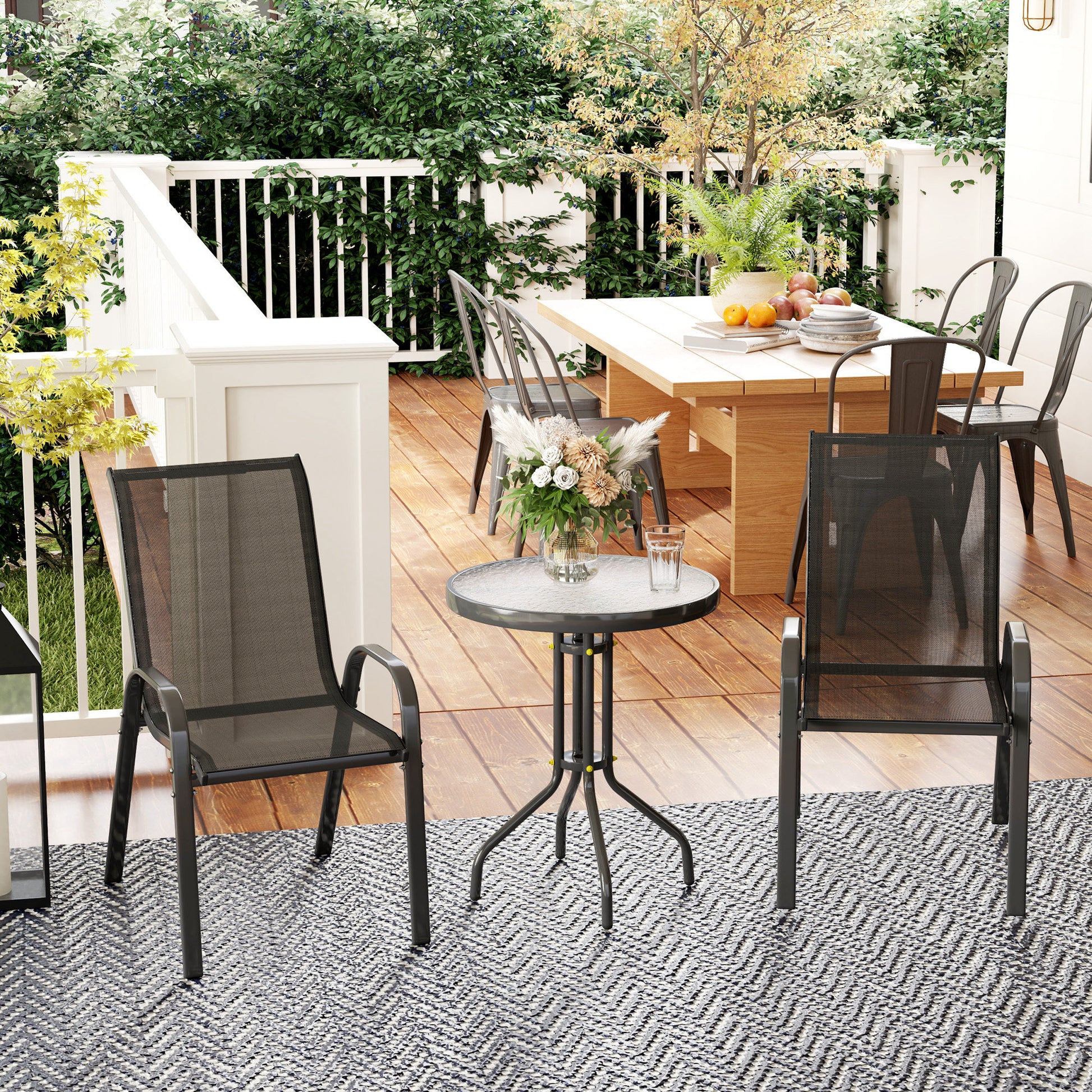 Outsunny Conjunto de Mesa y Sillas de Terraza Exterior de 3 Piezas Muebles de Jardín Exterior con Sillas Apilables Encimera de Vidrio y Estructura de Acero para Patio Negro