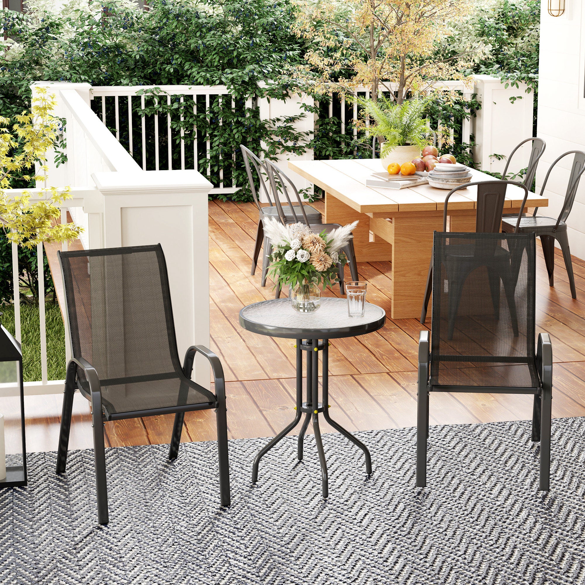 Outsunny Conjunto de Mesa y Sillas de Terraza Exterior de 3 Piezas Muebles de Jardín Exterior con Sillas Apilables Encimera de Vidrio y Estructura de Acero para Patio Negro