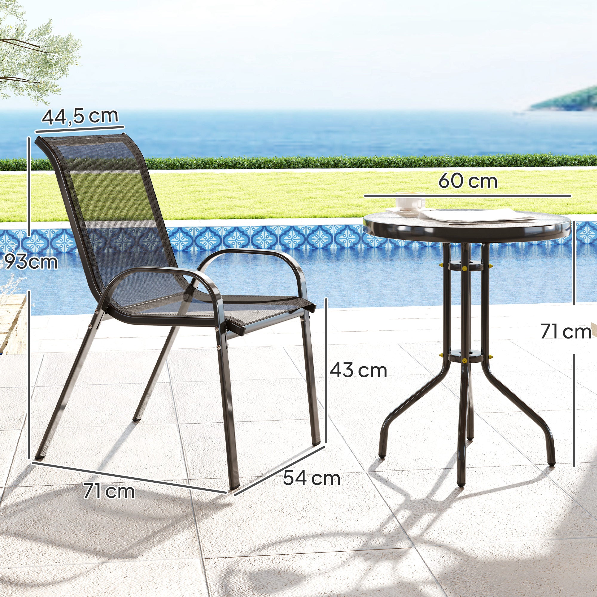 Outsunny Conjunto de Mesa y Sillas de Terraza Exterior de 3 Piezas Muebles de Jardín Exterior con Sillas Apilables Encimera de Vidrio y Estructura de Acero para Patio Negro