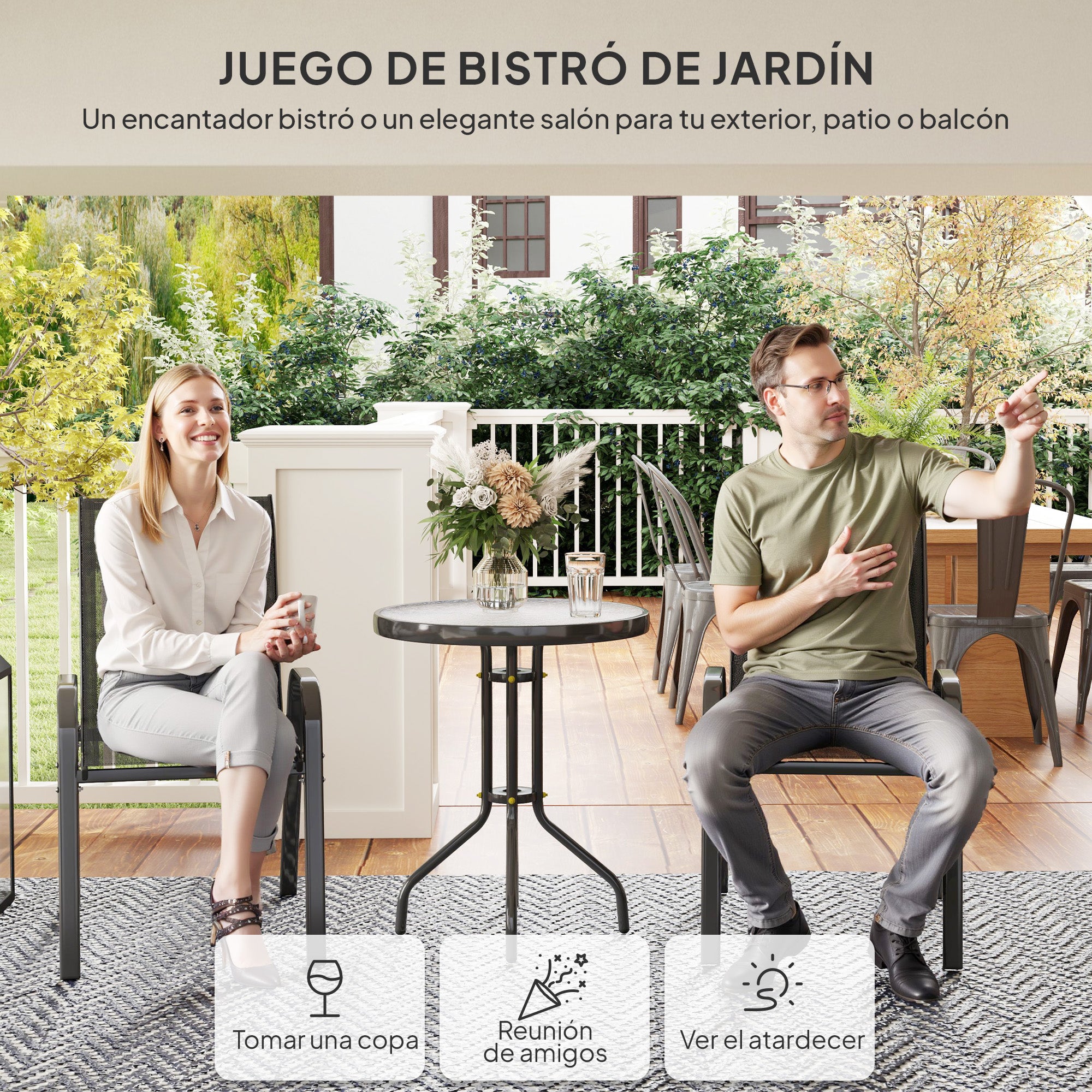 Outsunny Conjunto de Mesa y Sillas de Terraza Exterior de 3 Piezas Muebles de Jardín Exterior con Sillas Apilables Encimera de Vidrio y Estructura de Acero para Patio Negro
