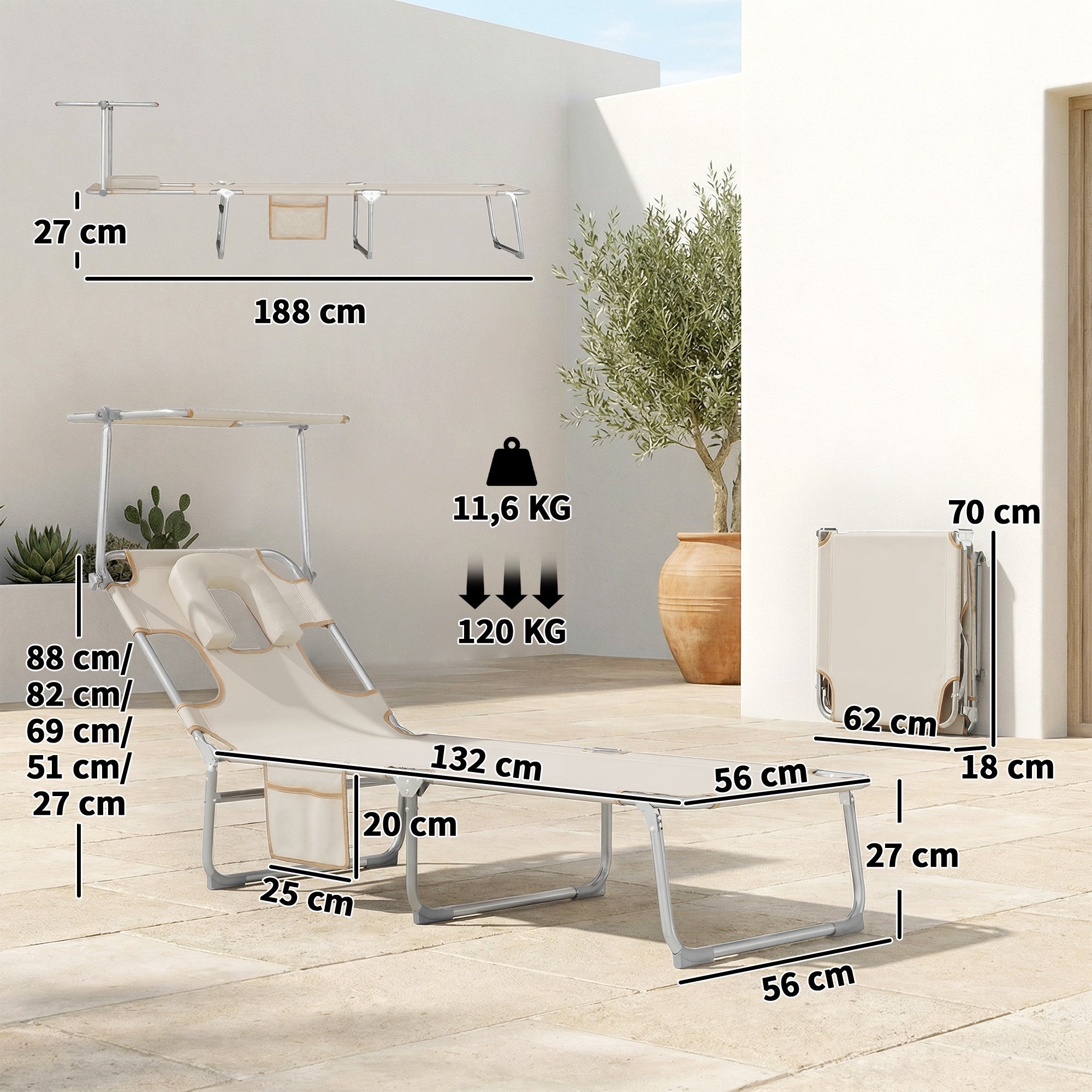 Outsunny Set de 2 Tumbonas Jardín Exterior, Tumbonas Plegables con Reposacabezas, Dosel 360°, Orificio Facial, Bolsillo Lateral, Respaldo Reclinable 5 Posiciones y Textilene 550 g/m² para Playa, Beige