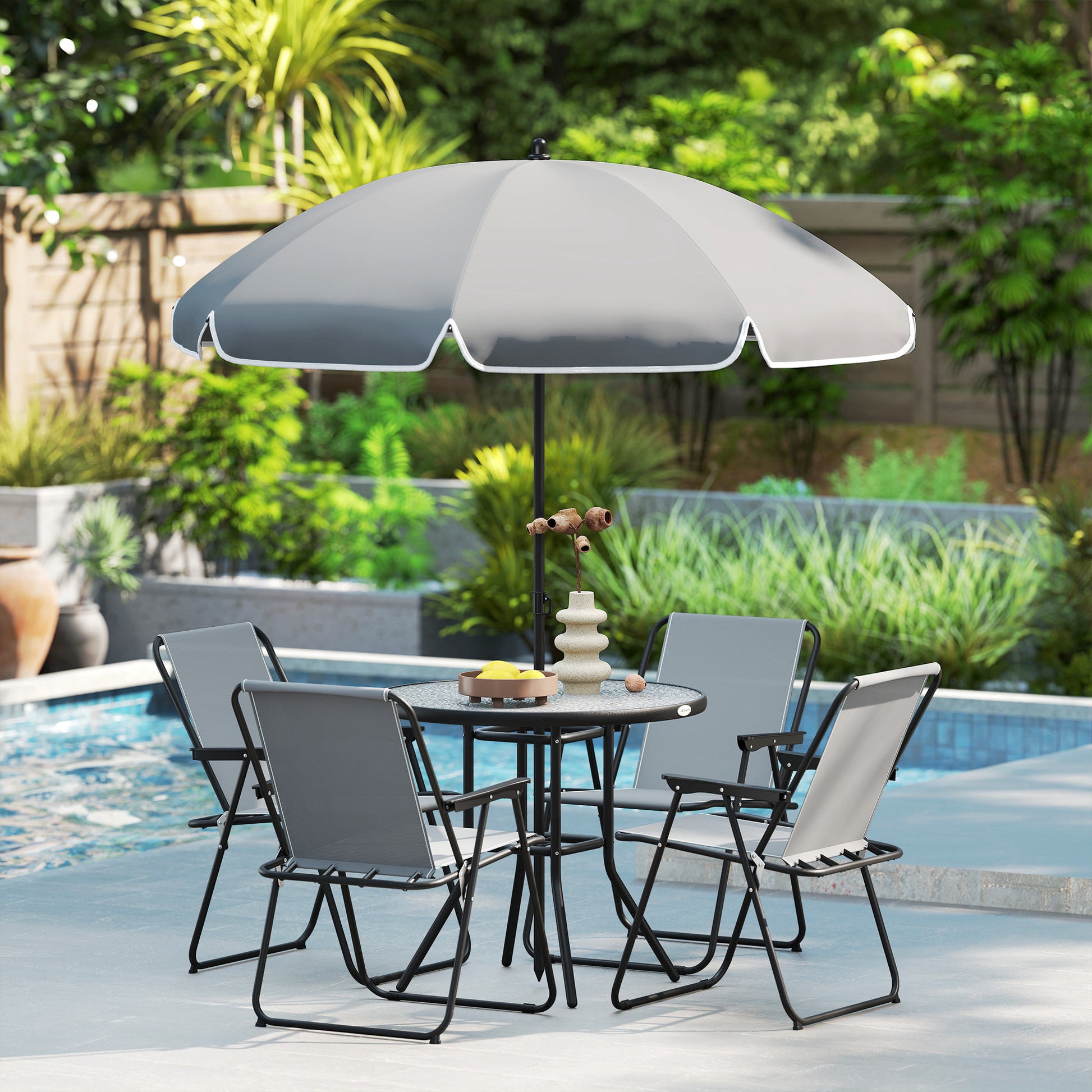 Outsunny Conjunto de Mesa y Sillas Jardín de 6 Piezas Muebles de Jardín Exterior con 4 Sillas Plegables Mesa de Vidrio y Sombrilla para Terraza Patio Gris