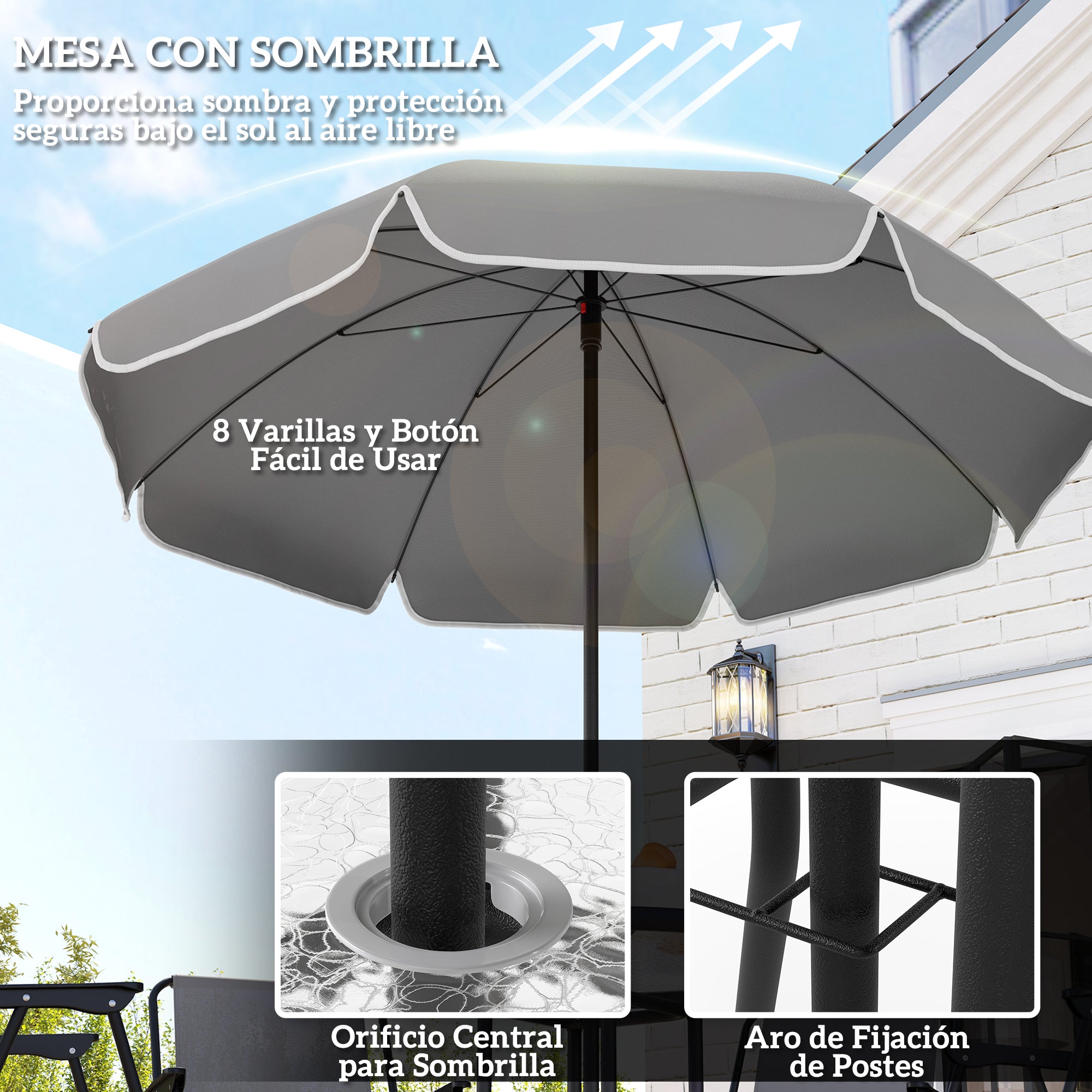 Outsunny Conjunto de Mesa y Sillas Jardín de 6 Piezas Muebles de Jardín Exterior con 4 Sillas Plegables Mesa de Vidrio y Sombrilla para Terraza Patio Gris