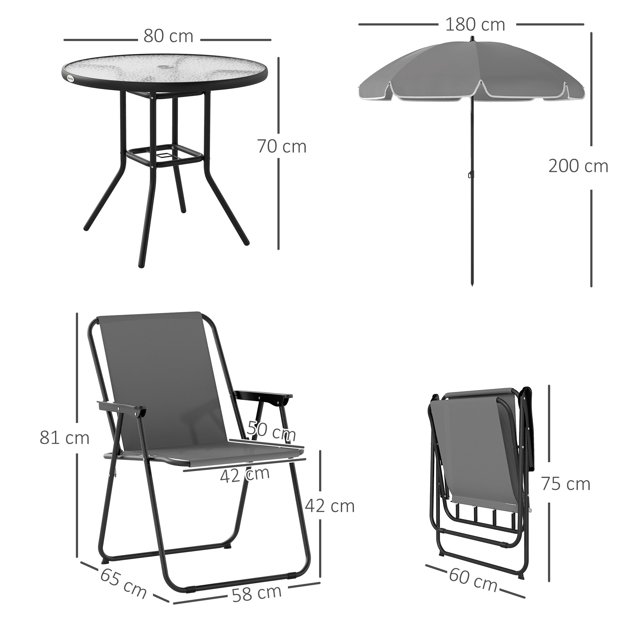Outsunny Conjunto de Mesa y Sillas Jardín de 6 Piezas Muebles de Jardín Exterior con 4 Sillas Plegables Mesa de Vidrio y Sombrilla para Terraza Patio Gris