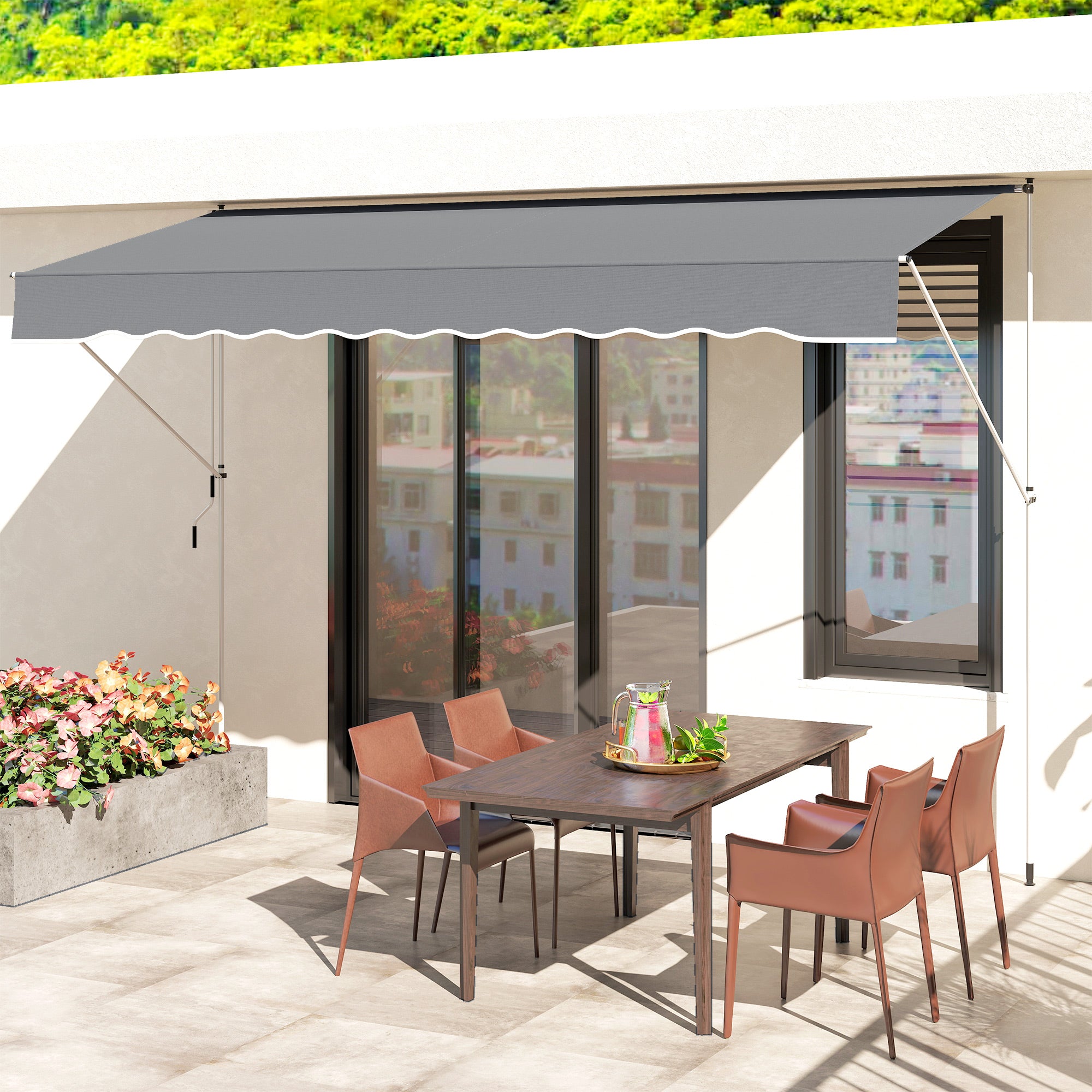Outsunny Toldo Manual Retráctil 4x1,2 m, Toldo Exterior Terraza Enrollable, Altura Ajustable 170-280 cm, con Manivela, Anti-UV e Impermeable, Sin Taladro, para Balcón, Jardín, Gris Oscuro