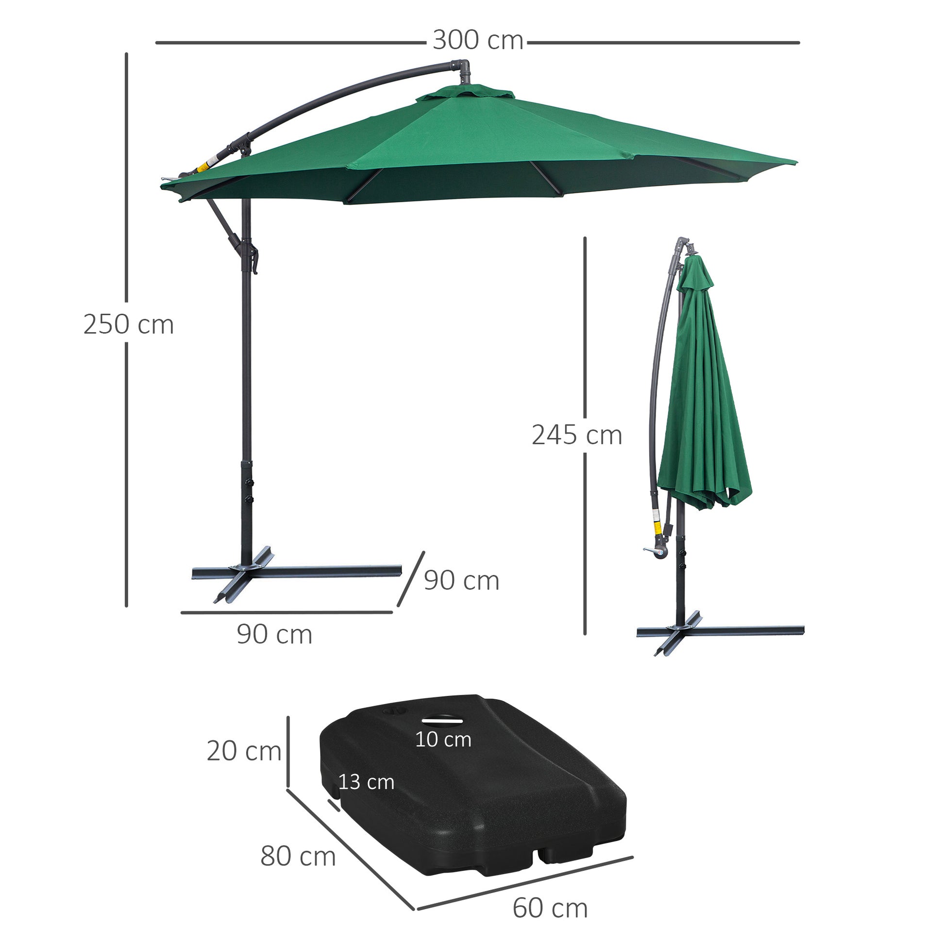 Outsunny Conjunto de Sombrilla Incluye 1 Sombrilla de Jardín Ø300x250 cm y 1 Base de Sombrilla Rellenable de Agua 80 kg Arena 90 kg o Mixto 100 kg Verde Oscuro y Negro