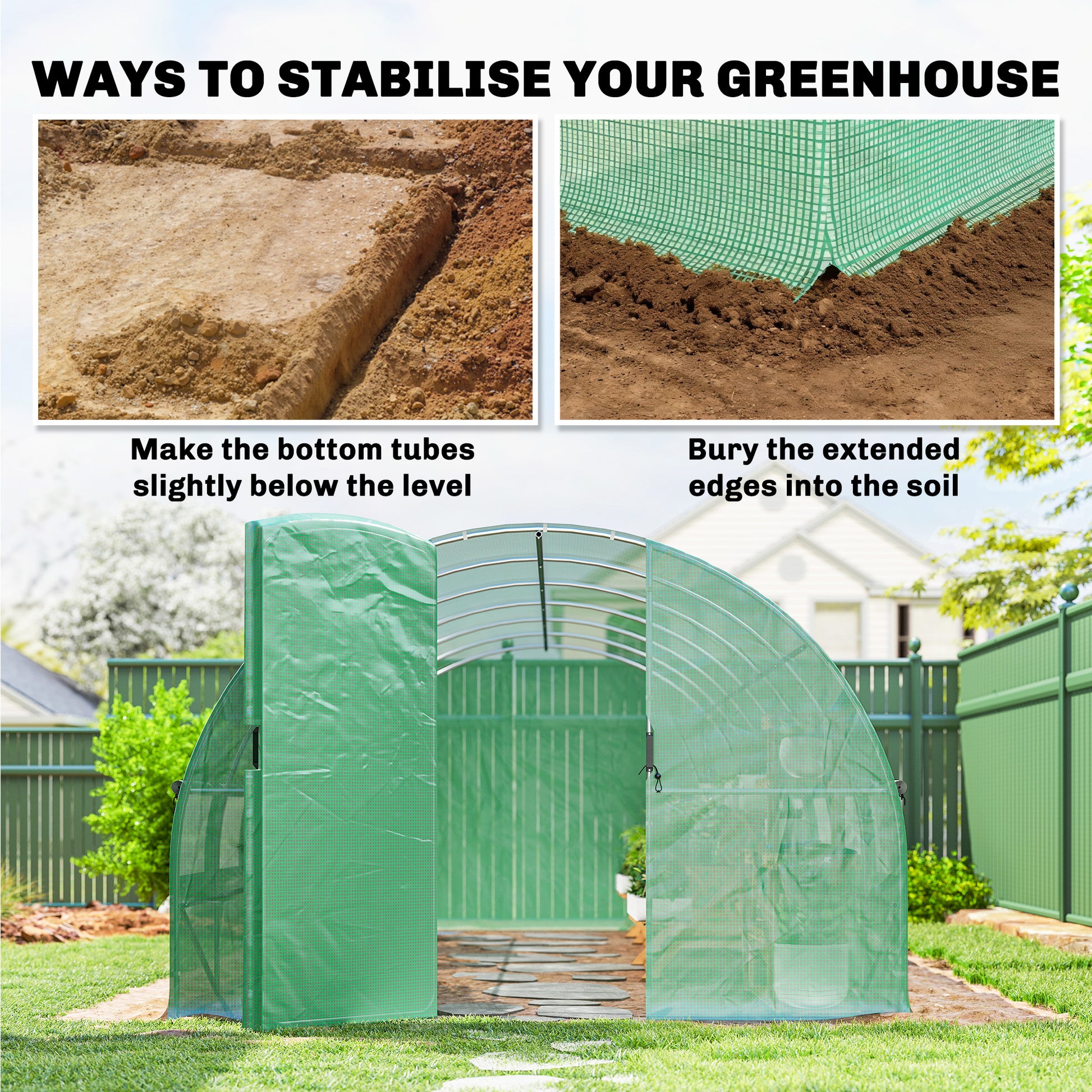 Outsunny Invernadero de Exterior 6x3x2 m, Invernadero de Túnel con Puerta con Bisagras, Ventanas de Malla, Cubierta PE 140g/m² y Marco de Acero Galvanizado, Anti-UV, Impermeable, para Cultivos, Verde