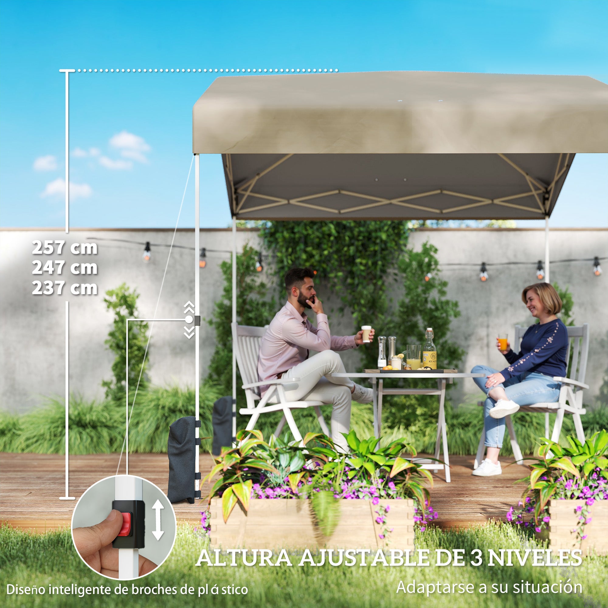 Outsunny Carpa Plegable 2,4x2,4 m, Pop-up, Cenador de Jardín con UPF50+, Bloqueo Central, Altura Ajustable, Bolsa de Transporte, Sacos Arena, Gazebo para Exterior, Beige