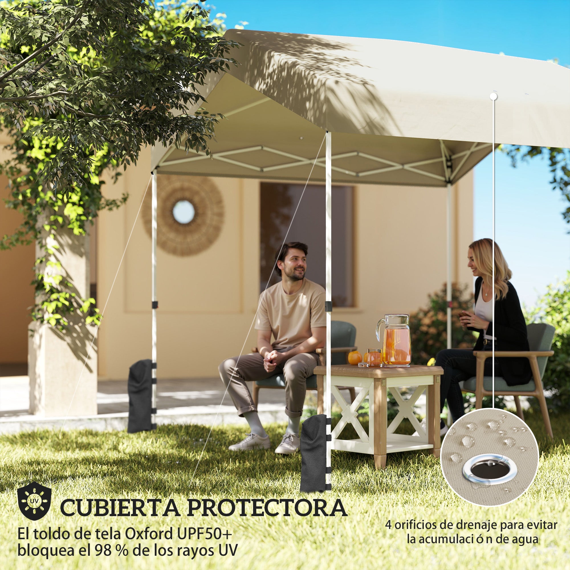 Outsunny Carpa Plegable 2,4x2,4 m, Pop-up, Cenador de Jardín con UPF50+, Bloqueo Central, Altura Ajustable, Bolsa de Transporte, Sacos Arena, Gazebo para Exterior, Beige