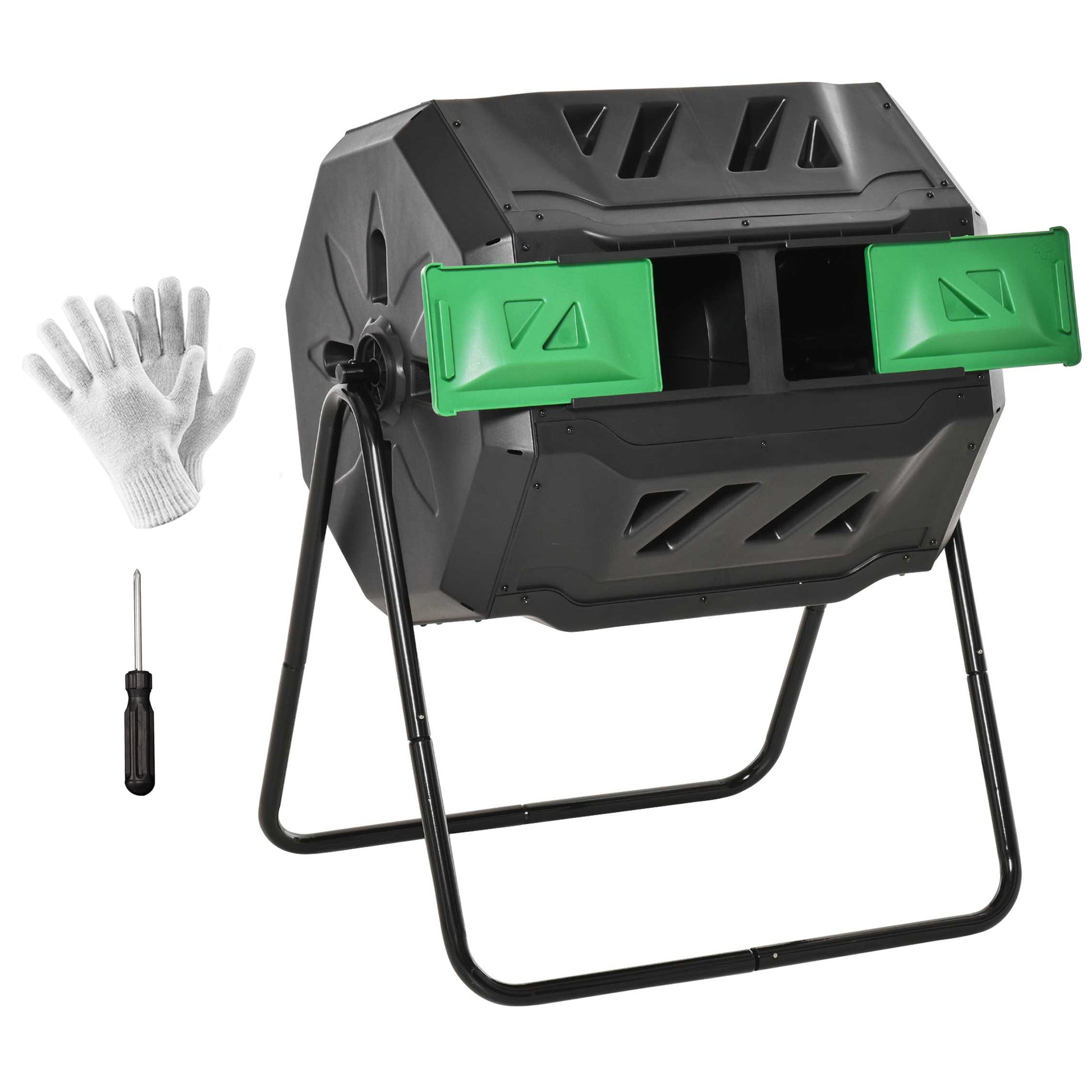 Outsunny Compostador Giratorio de 160L Contenedor de Compostaje de Jardín de Doble Cámara Compostadora con Aberturas de Ventilación y Patas de Acero 71x65x96 cm Negro y Verde