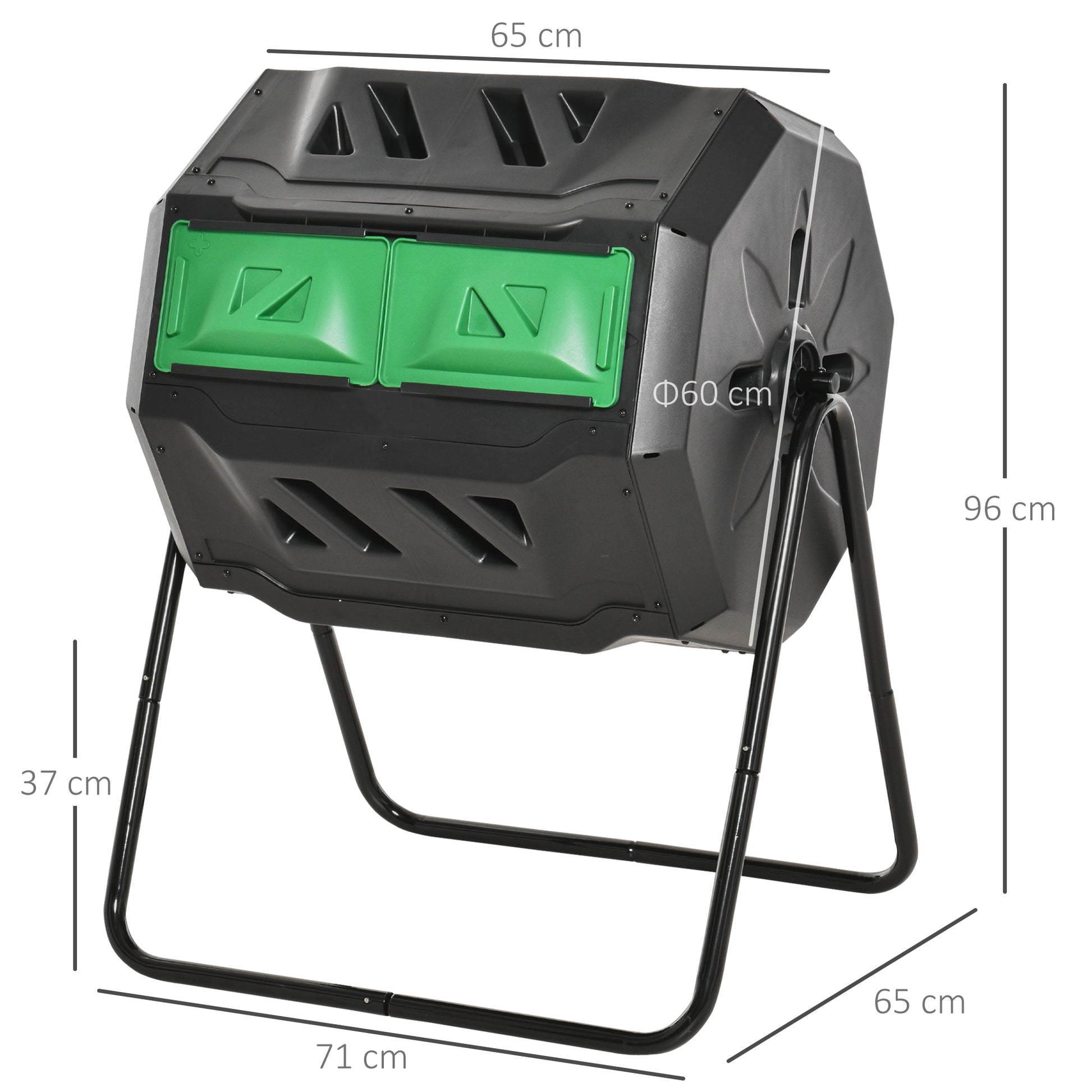 Outsunny Compostador Giratorio de 160L Contenedor de Compostaje de Jardín de Doble Cámara Compostadora con Aberturas de Ventilación y Patas de Acero 71x65x96 cm Negro y Verde