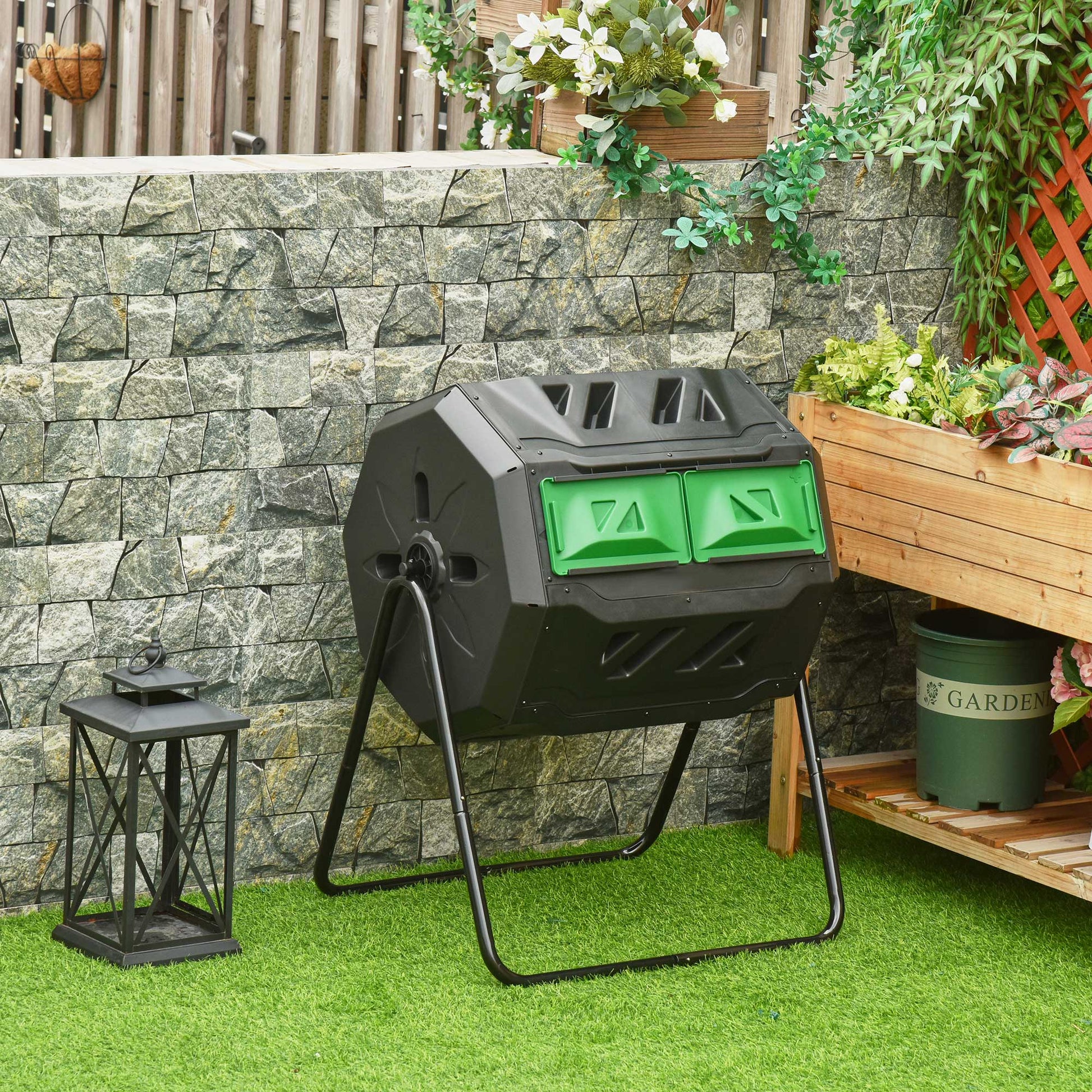 Outsunny Compostador Giratorio de 160L Contenedor de Compostaje de Jardín de Doble Cámara Compostadora con Aberturas de Ventilación y Patas de Acero 71x65x96 cm Negro y Verde