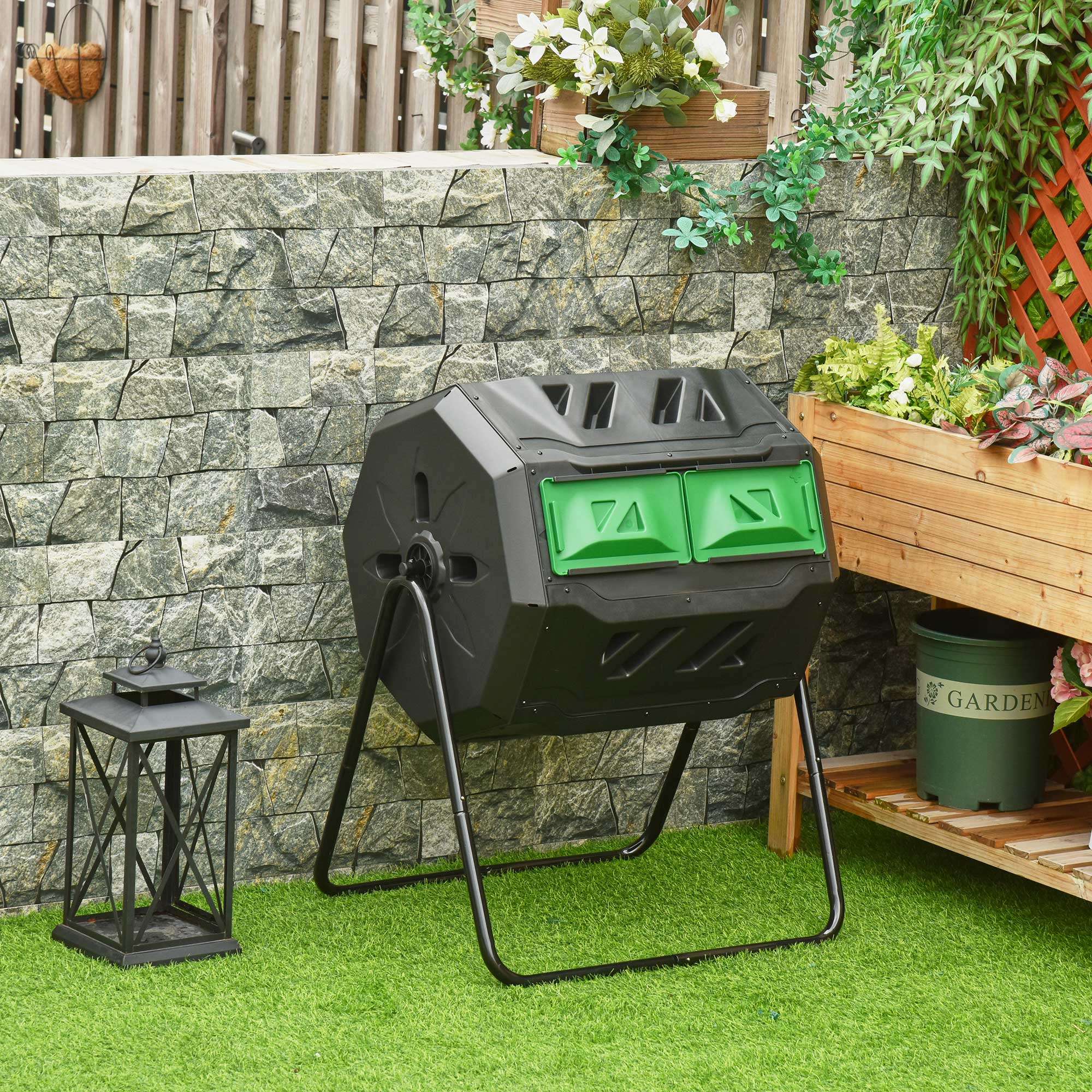 Outsunny Compostador Giratorio de 160L Contenedor de Compostaje de Jardín de Doble Cámara Compostadora con Aberturas de Ventilación y Patas de Acero 71x65x96 cm Negro y Verde