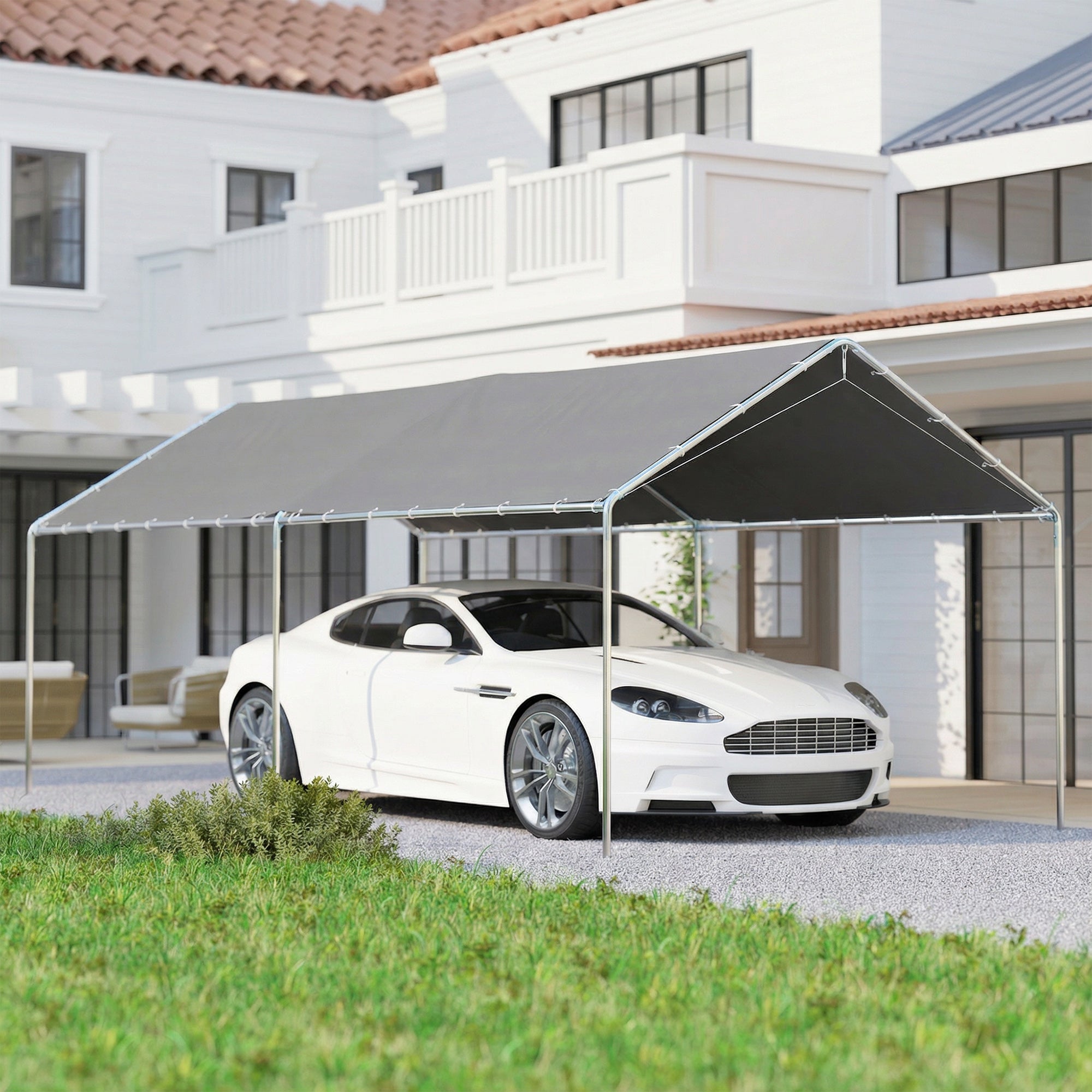 Outsunny Carpa Garaje para Coche 3x6 m, Cochera Exterior Portátil con Marco de Acero Galvanizado, Impermeable, Anti-UV, Pabellón Gazebo de Jardín con Accesorios, para Eventos, Fiestas, Gris