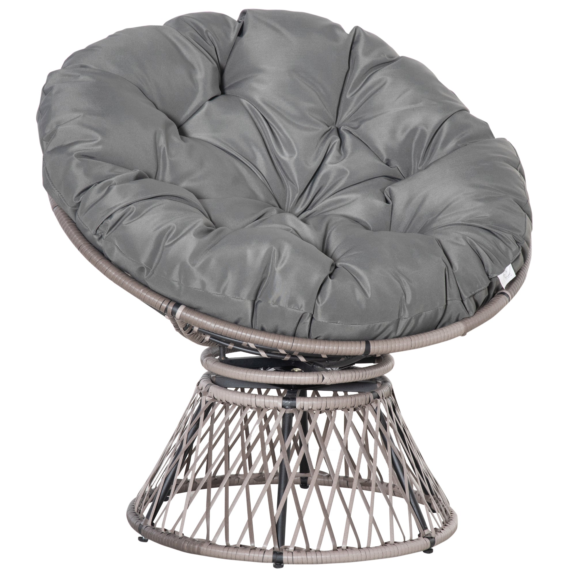 Outsunny Sillón Papasan Giratorio de Ratán Sintético Silla Ovalada de Mimbre PE con Cojín y Marco de Acero Carga 160 kg para Jardín Patio Terraza 87x97x86 cm Gris
