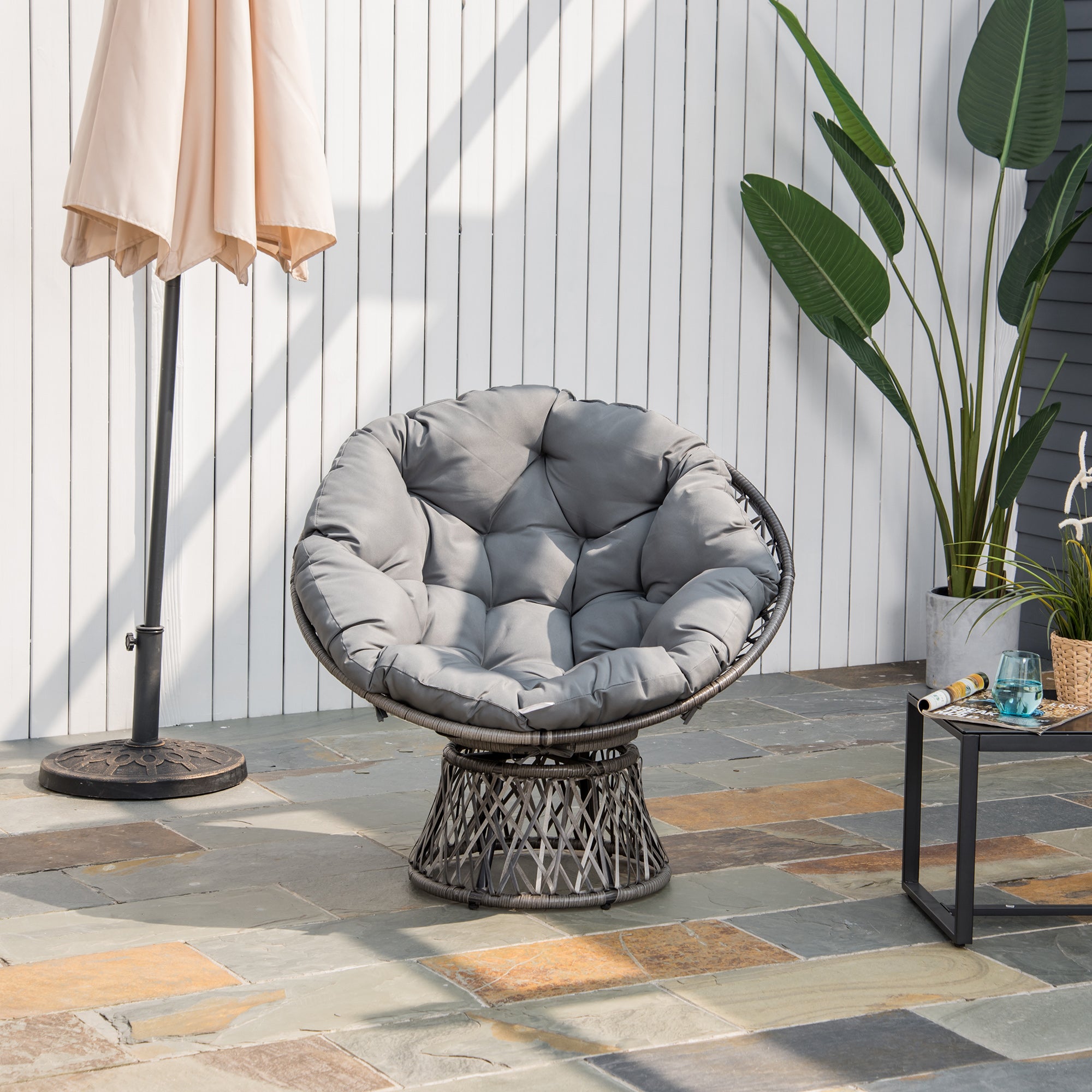 Outsunny Sillón Papasan Giratorio de Ratán Sintético Silla Ovalada de Mimbre PE con Cojín y Marco de Acero Carga 160 kg para Jardín Patio Terraza 87x97x86 cm Gris