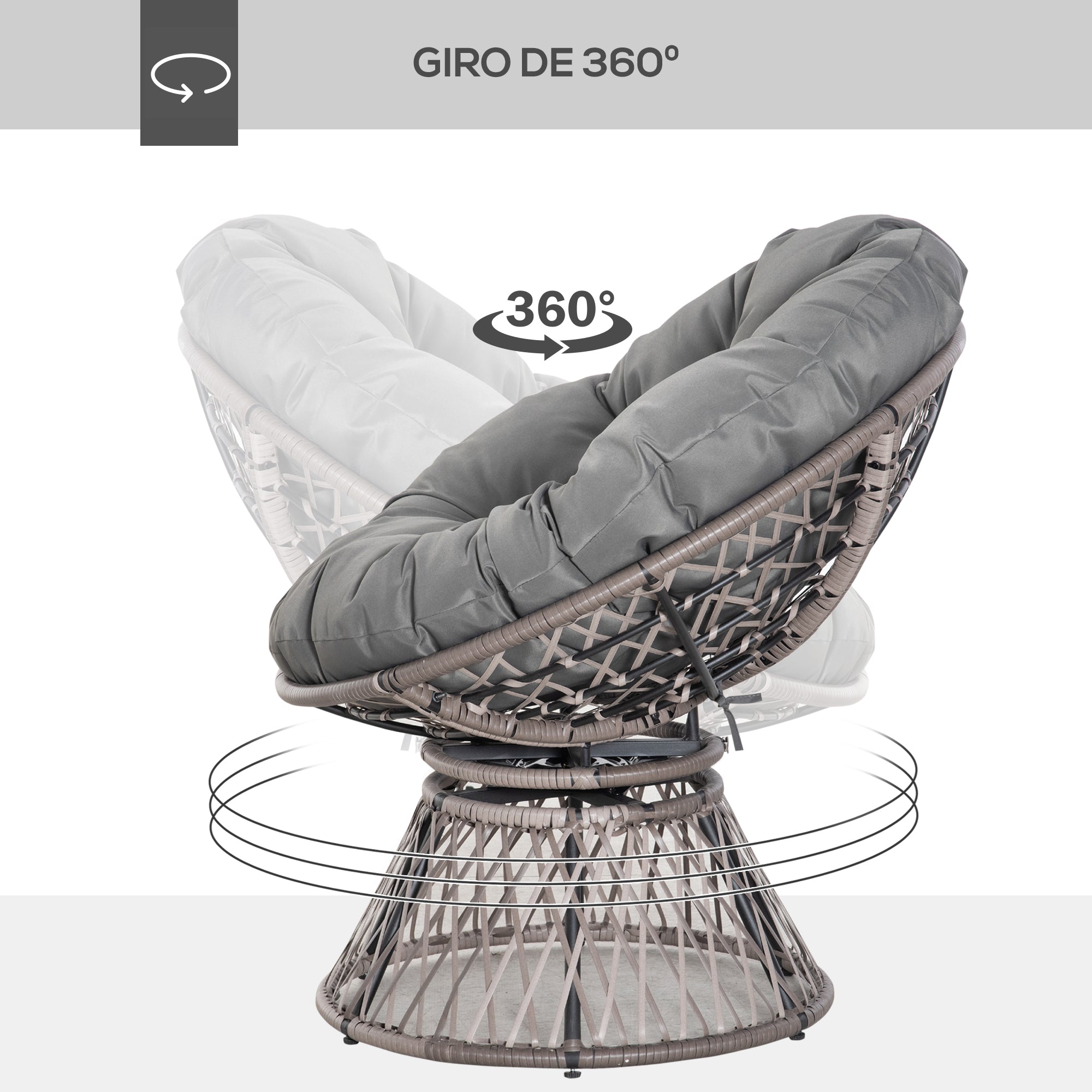 Outsunny Sillón Papasan Giratorio de Ratán Sintético Silla Ovalada de Mimbre PE con Cojín y Marco de Acero Carga 160 kg para Jardín Patio Terraza 87x97x86 cm Gris