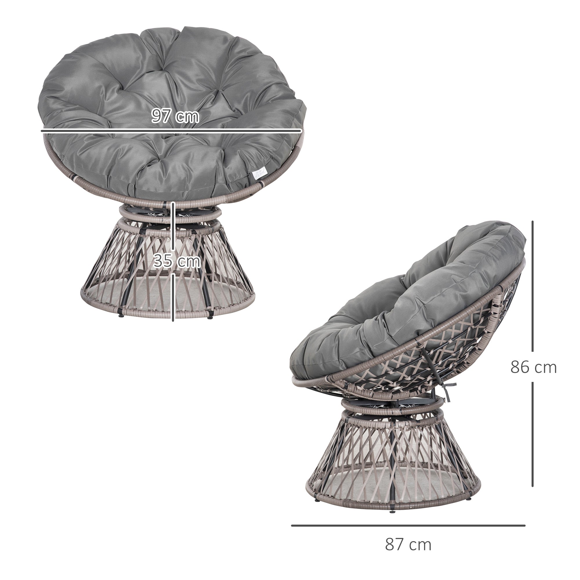 Outsunny Sillón Papasan Giratorio de Ratán Sintético Silla Ovalada de Mimbre PE con Cojín y Marco de Acero Carga 160 kg para Jardín Patio Terraza 87x97x86 cm Gris