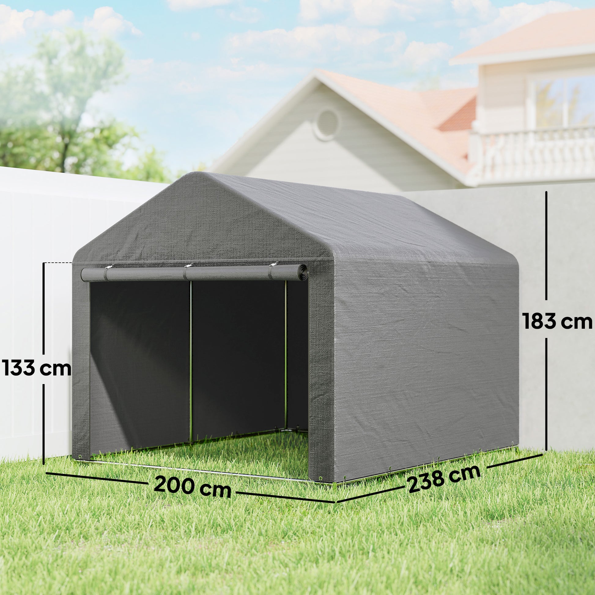 Outsunny Carpa de Jardín Exterior para Herramientas, Bicicletas, 2,4x2x2 m, Cobertizo Exterior con Marco Metal Galvanizado, Puerta Enrollable con Cremallera, Impermeable, UV30+, Garaje Portátil, Gris