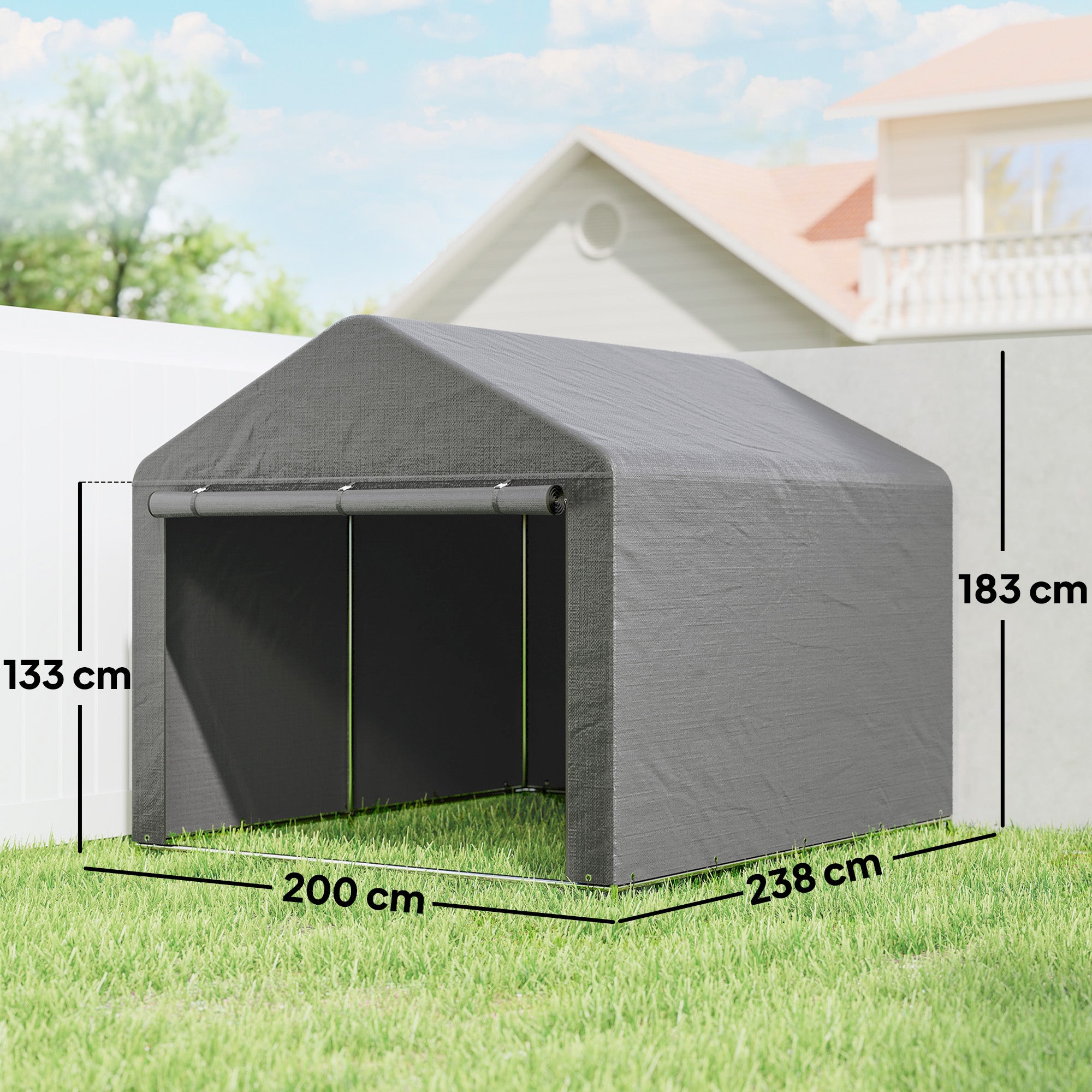 Outsunny Carpa de Jardín Exterior para Herramientas, Bicicletas, 2,4x2x2 m, Cobertizo Exterior con Marco Metal Galvanizado, Puerta Enrollable con Cremallera, Impermeable, UV30+, Garaje Portátil, Gris