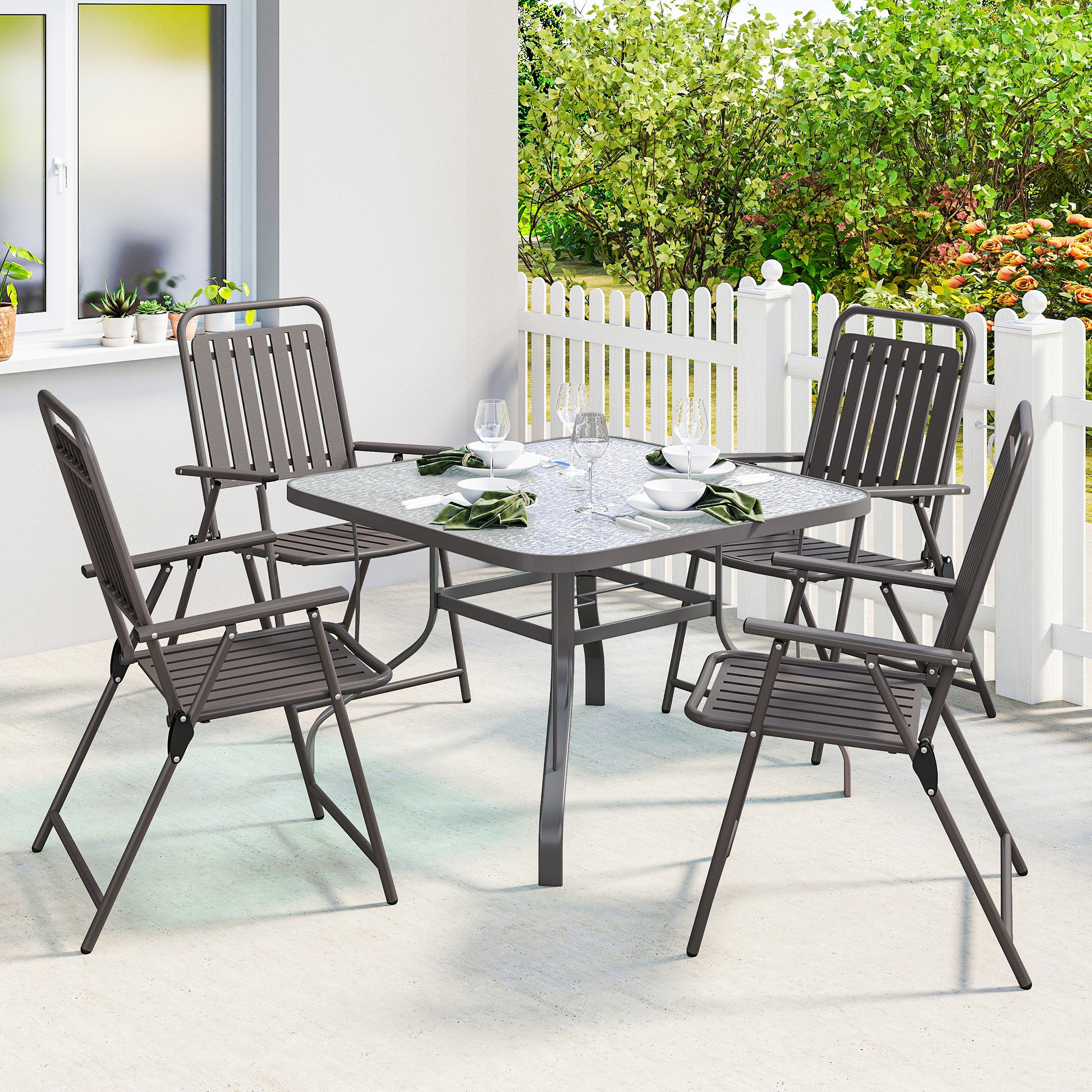 Outsunny Juego de 4 Sillas de Jardín Exterior Plegables, Sillas Terraza Exterior con Reposabrazos, Respaldo y Asiento de PP, Marco Metálico, 55x63x93 cm, Marrón
