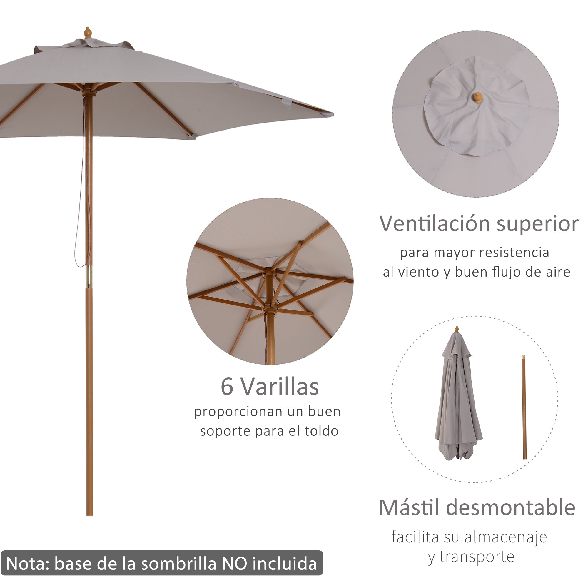 Outsunny Sombrilla de Jardín Ø250x230 cm Parasol de Terraza con 6 Varillas Poste Desmontable Anti-UV Impermeable y Marco de Madera para Playa Patio Gris