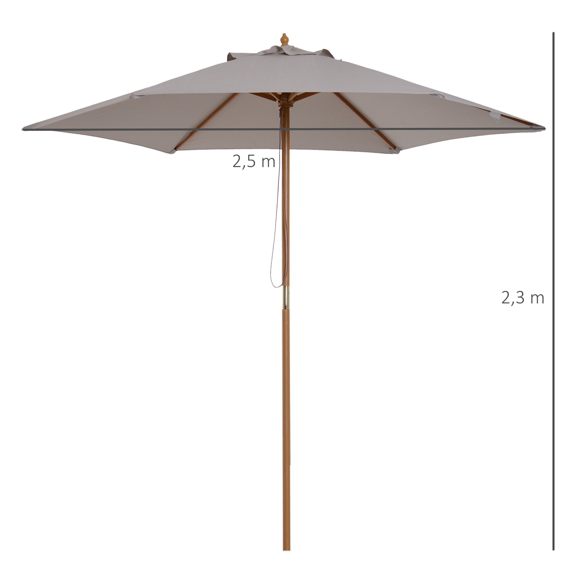 Outsunny Sombrilla de Jardín Ø250x230 cm Parasol de Terraza con 6 Varillas Poste Desmontable Anti-UV Impermeable y Marco de Madera para Playa Patio Gris