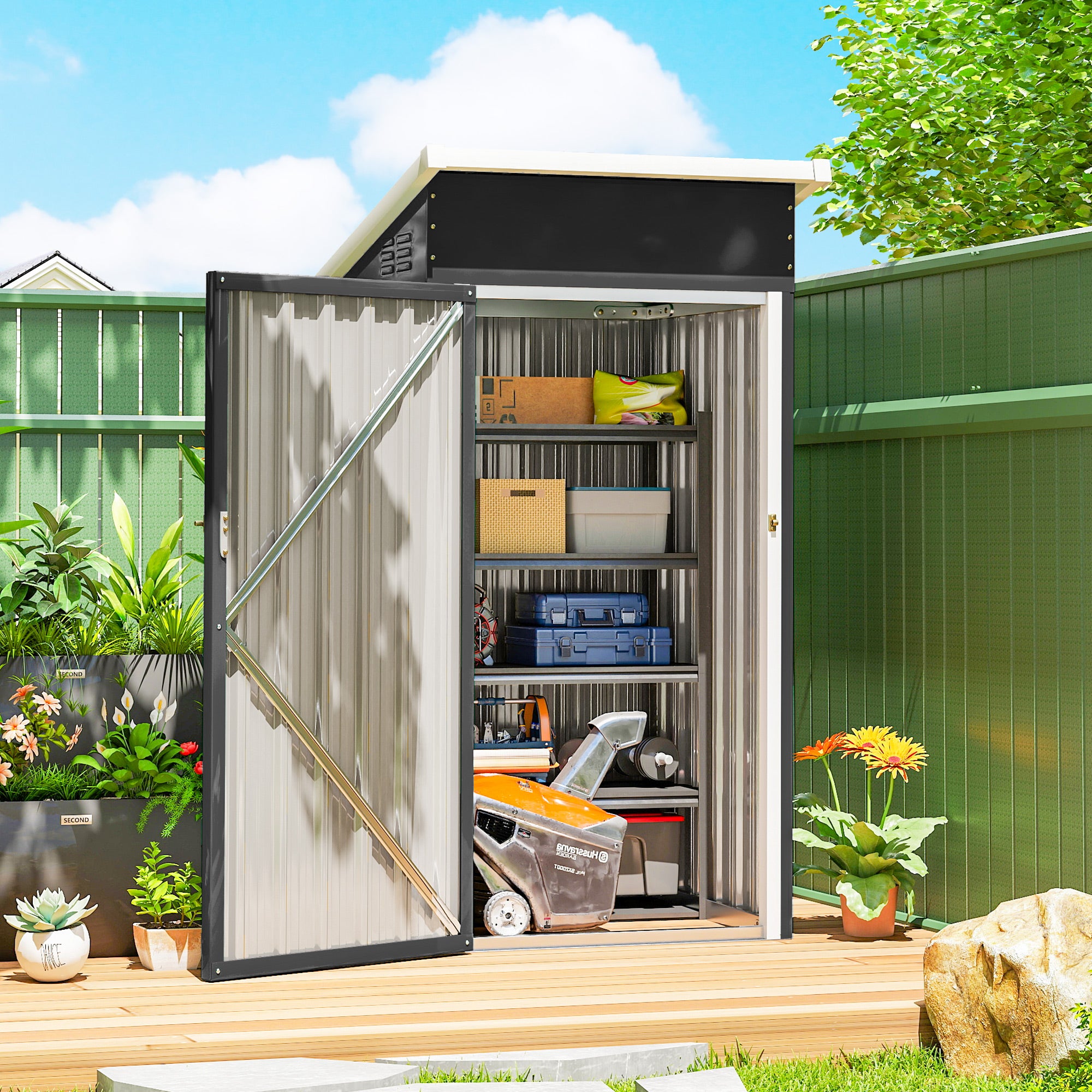 Outsunny Caseta de Jardín Exterior 0,74 m², 107,5x91x185 cm, Cobertizo de Jardín Exterior Metálico con Techo Inclinado, Puerta con Cerradura y Ventilaciones para Almacenamiento de Herramientas, Gris