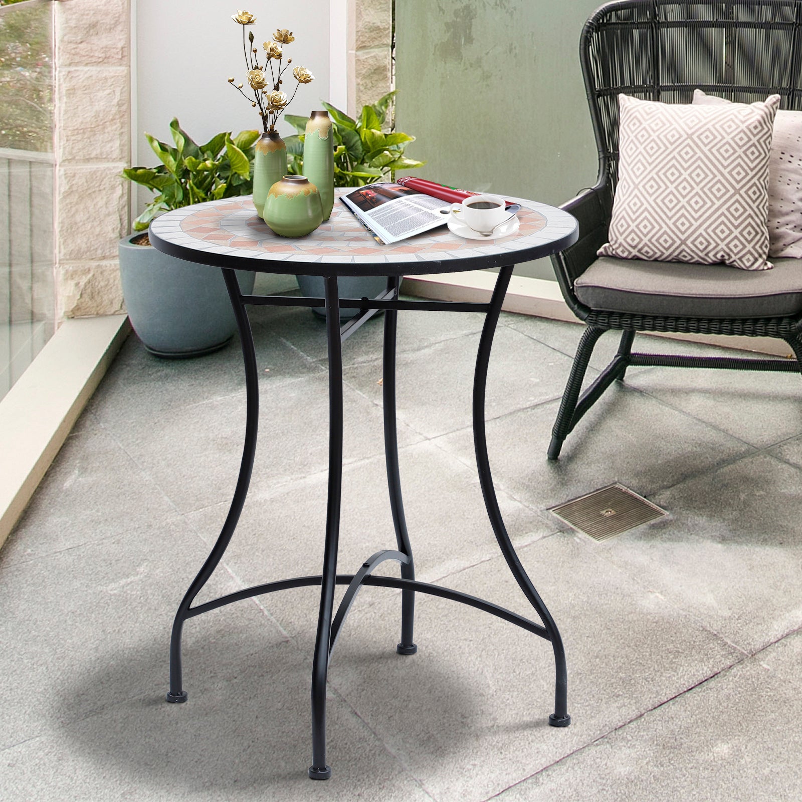 Outsunny Mesa de Jardín Mesa Mosaico Cerámica y Redonda Mesita de Café para Terraza Balcón Φ60x71cm