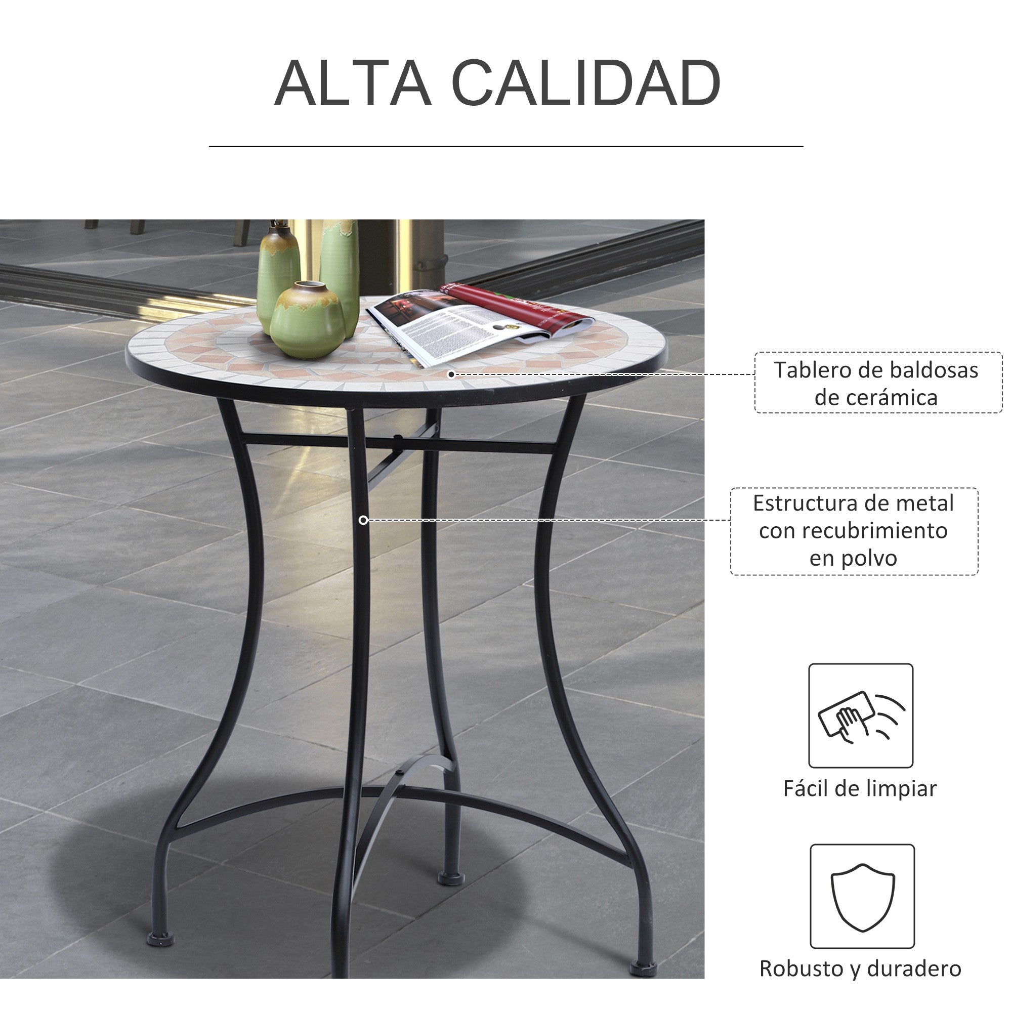 Outsunny Mesa de Jardín Mesa Mosaico Cerámica y Redonda Mesita de Café para Terraza Balcón Φ60x71cm