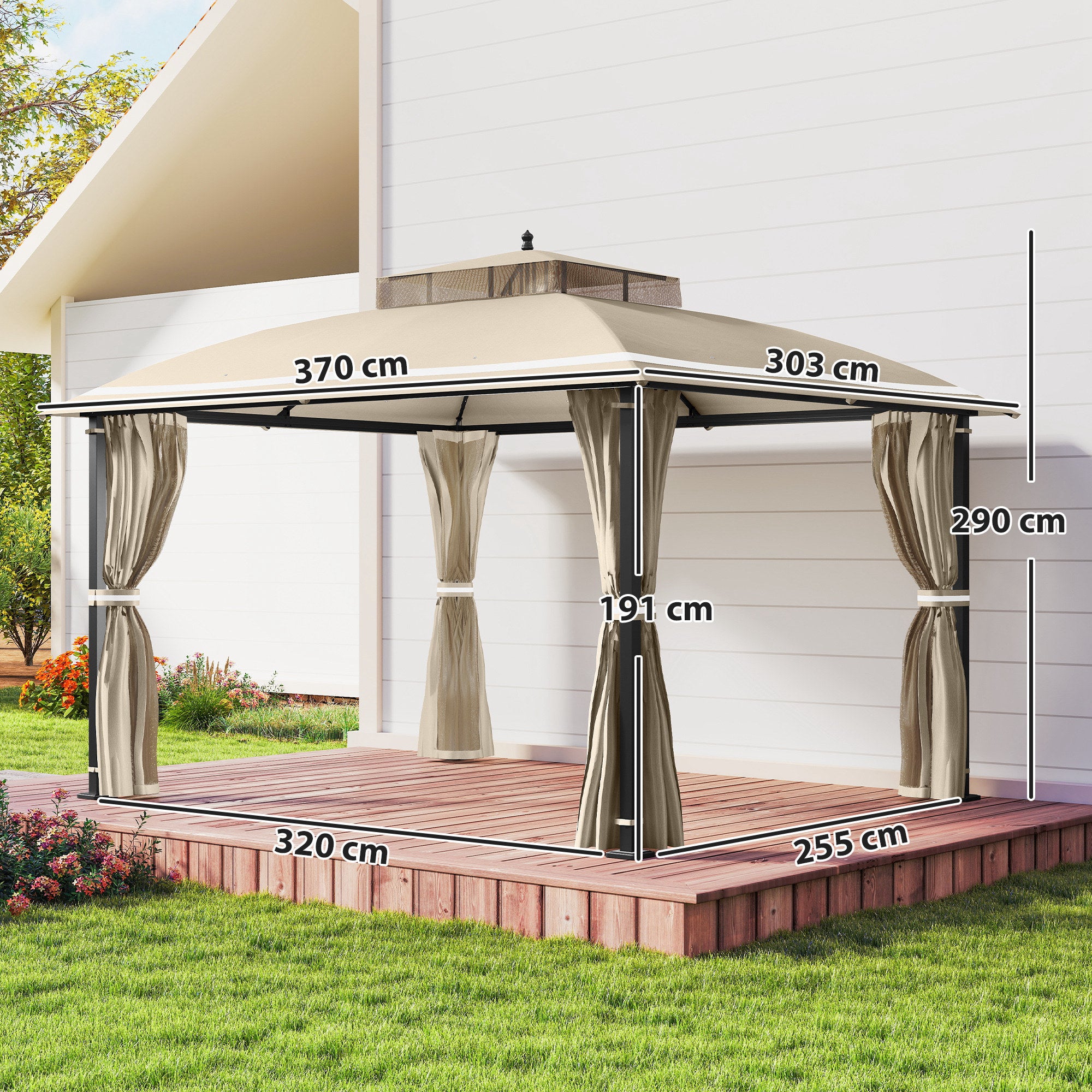 Outsunny Cenador para Jardín 3x3,7 m, Pabellón de Jardín Gazebo con Doble Techo, Paredes Laterales, Mosquiteras, Marco de Metal, Resistente al Agua, Anti-UV, Carpa para Exterior, Terraza, Patio, Beige