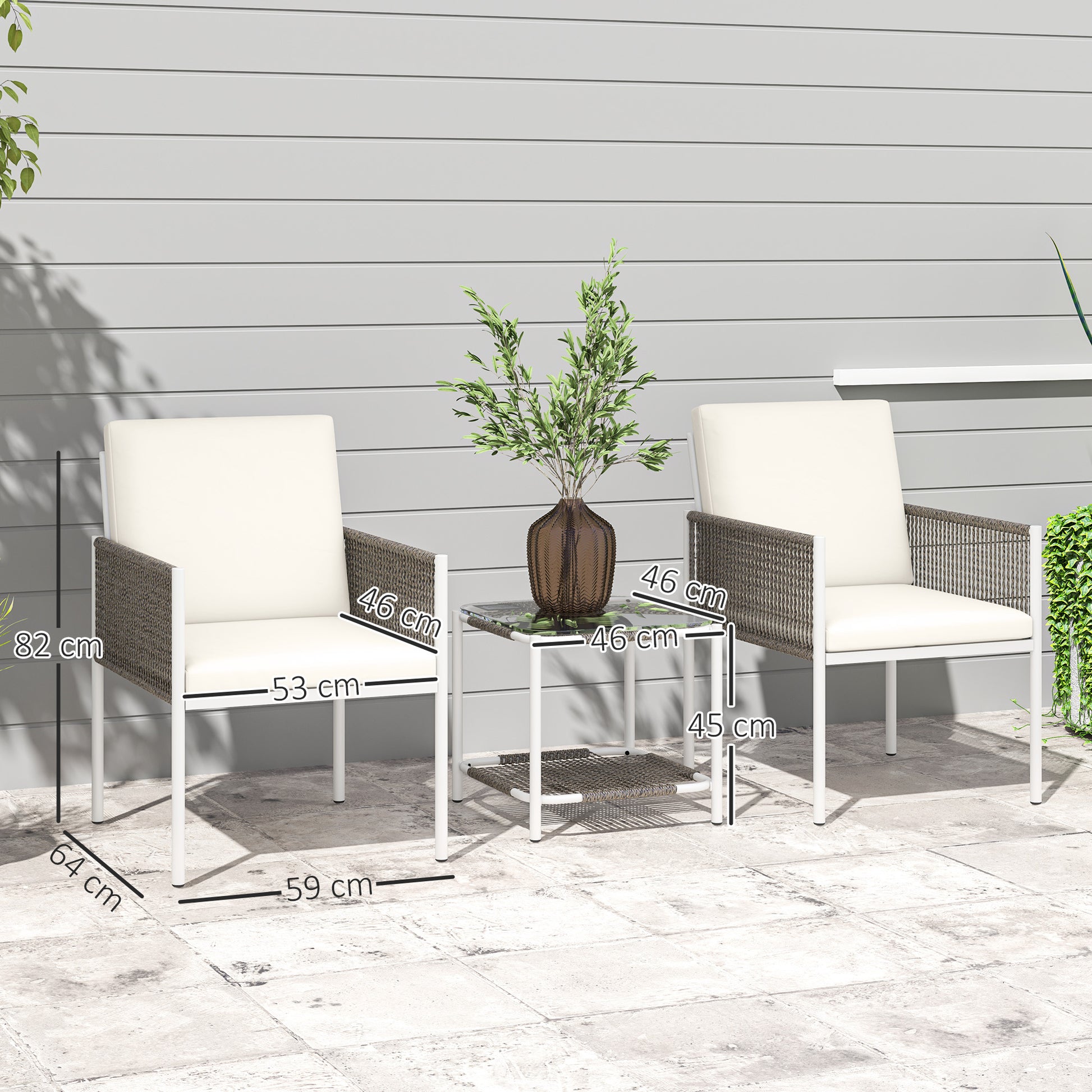 Outsunny Conjunto de Jardín Exterior de 3 Piezas Juego de 2 Sillas y Mesa de Ratán con Cojines Acolchados y Encimera de Vidrio para Balcón Terraza Marrón y Crema