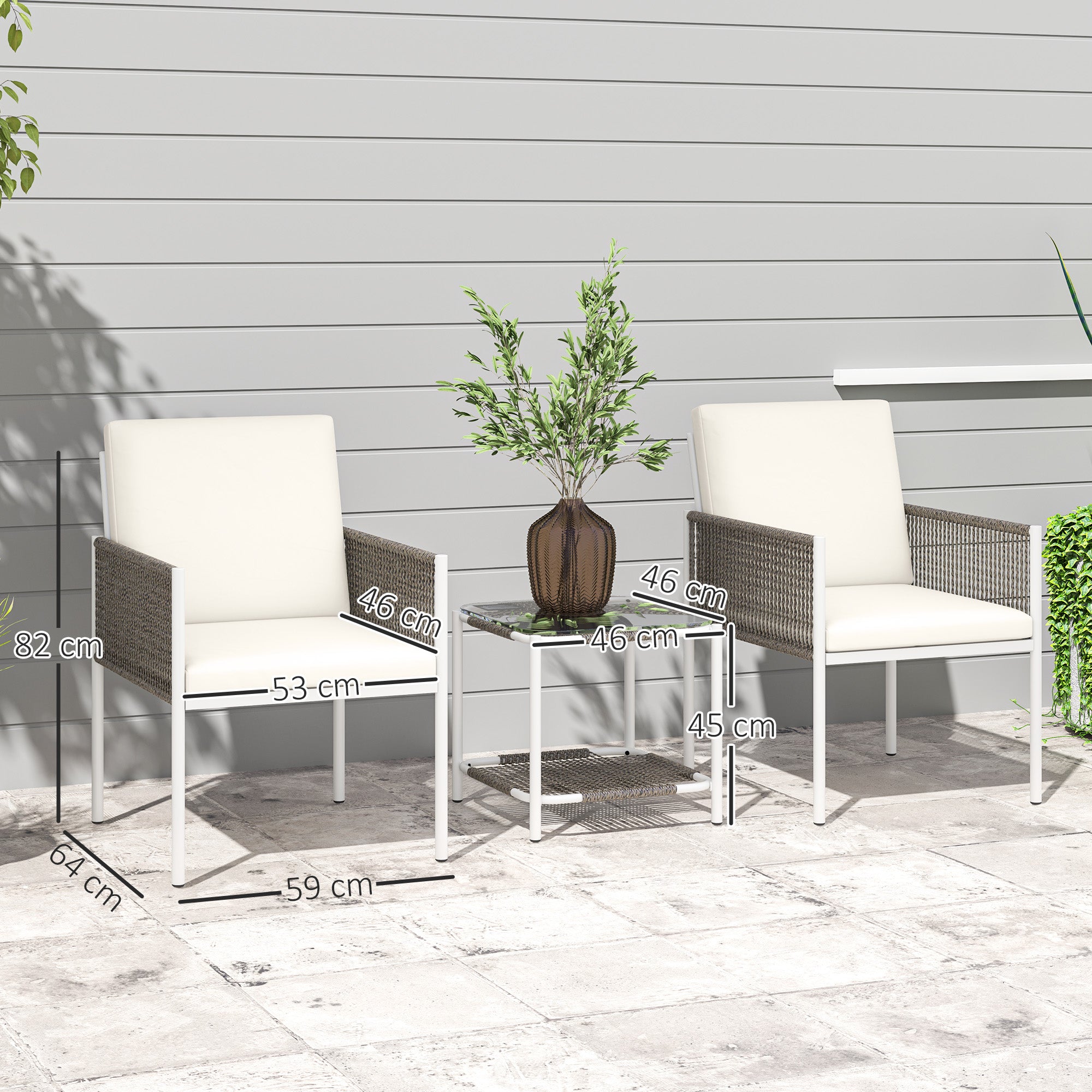 Outsunny Conjunto de Jardín Exterior de 3 Piezas Juego de 2 Sillas y Mesa de Ratán con Cojines Acolchados y Encimera de Vidrio para Balcón Terraza Marrón y Crema