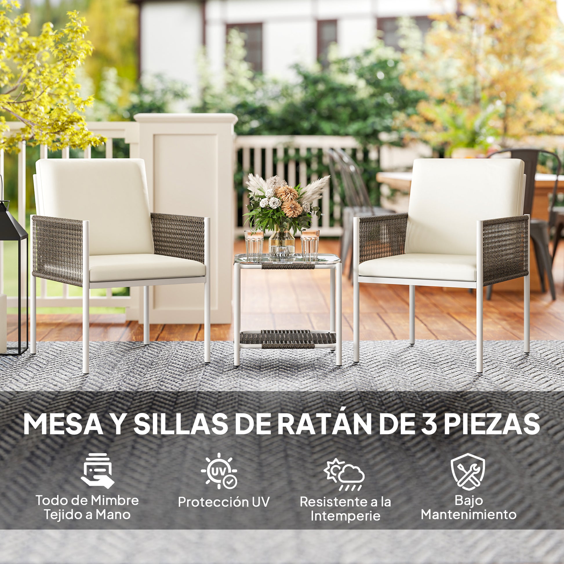 Outsunny Conjunto de Jardín Exterior de 3 Piezas Juego de 2 Sillas y Mesa de Ratán con Cojines Acolchados y Encimera de Vidrio para Balcón Terraza Marrón y Crema