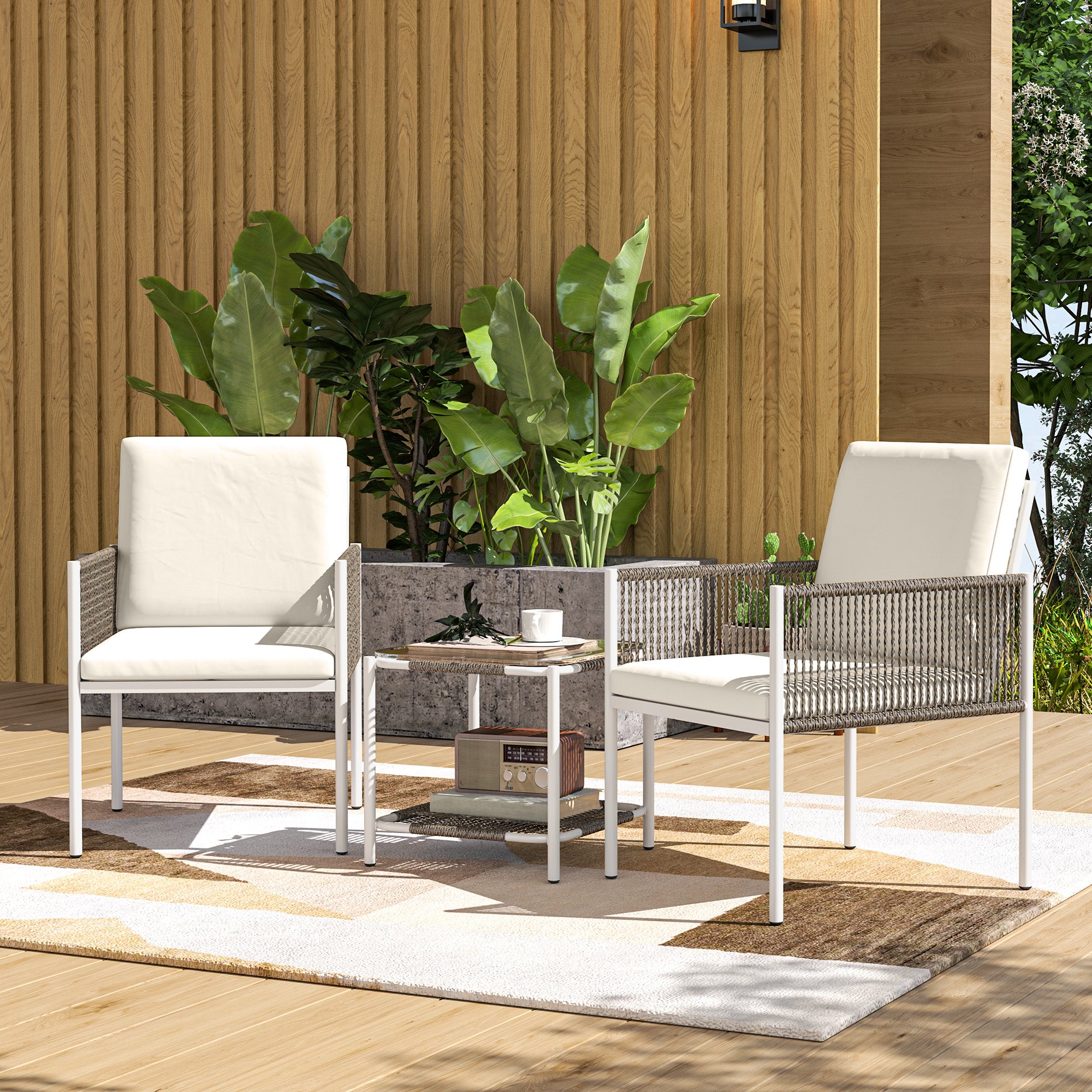 Outsunny Conjunto de Jardín Exterior de 3 Piezas Juego de 2 Sillas y Mesa de Ratán con Cojines Acolchados y Encimera de Vidrio para Balcón Terraza Marrón y Crema